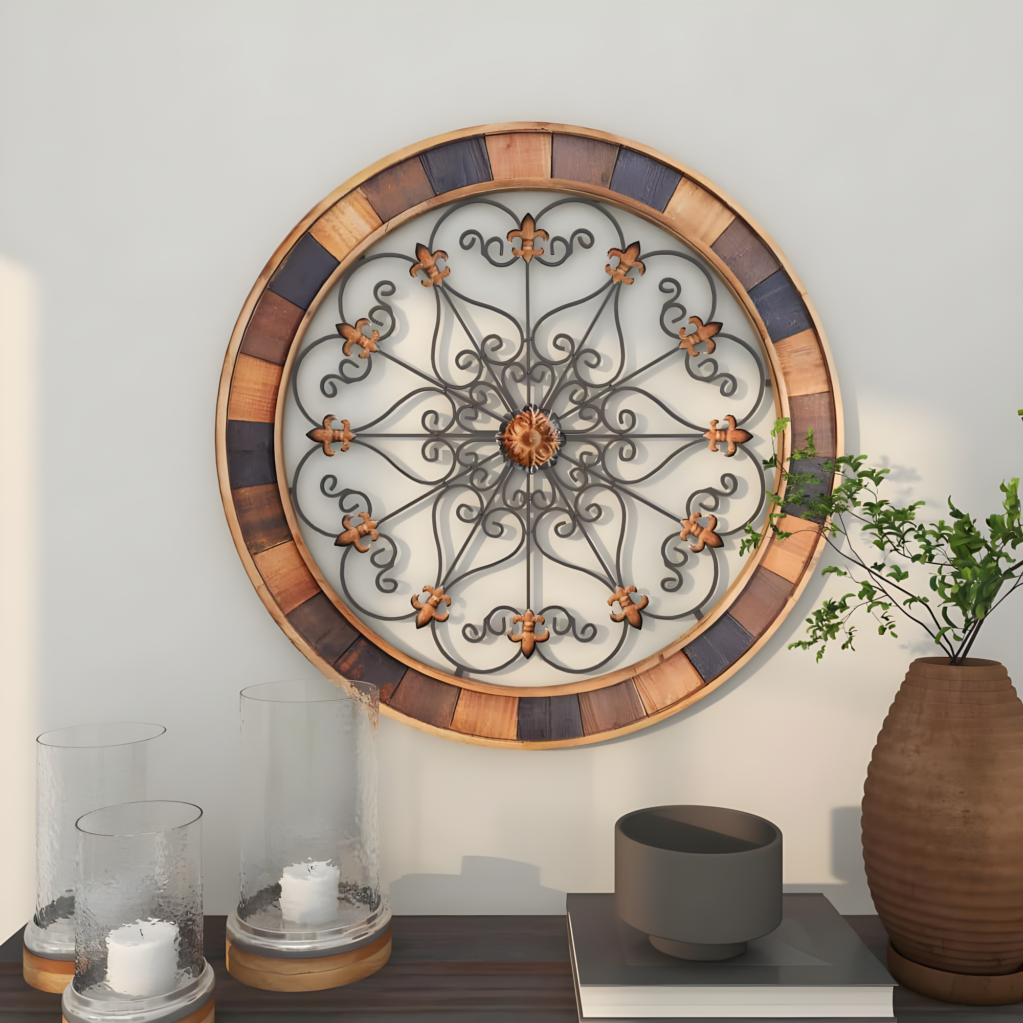 DecMode Brown Wood Arabesque Scroll Wall Decor with Metal Fleur De Lis Relief
