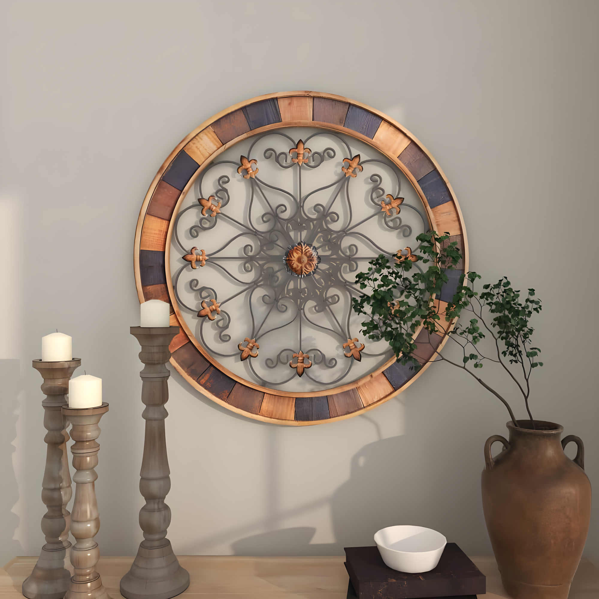 DecMode Brown Wood Arabesque Scroll Wall Decor with Metal Fleur De Lis Relief