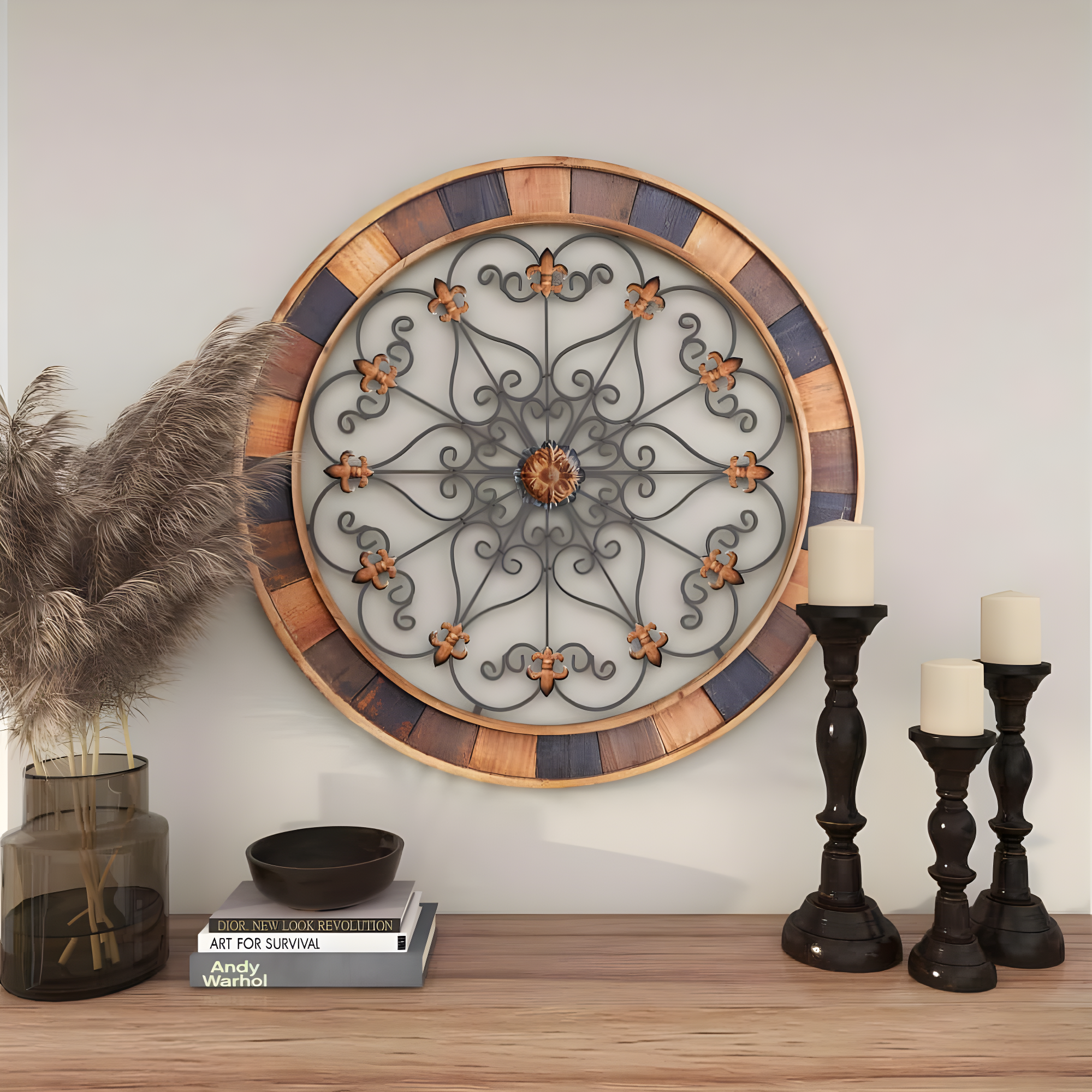 DecMode Brown Wood Arabesque Scroll Wall Decor with Metal Fleur De Lis Relief