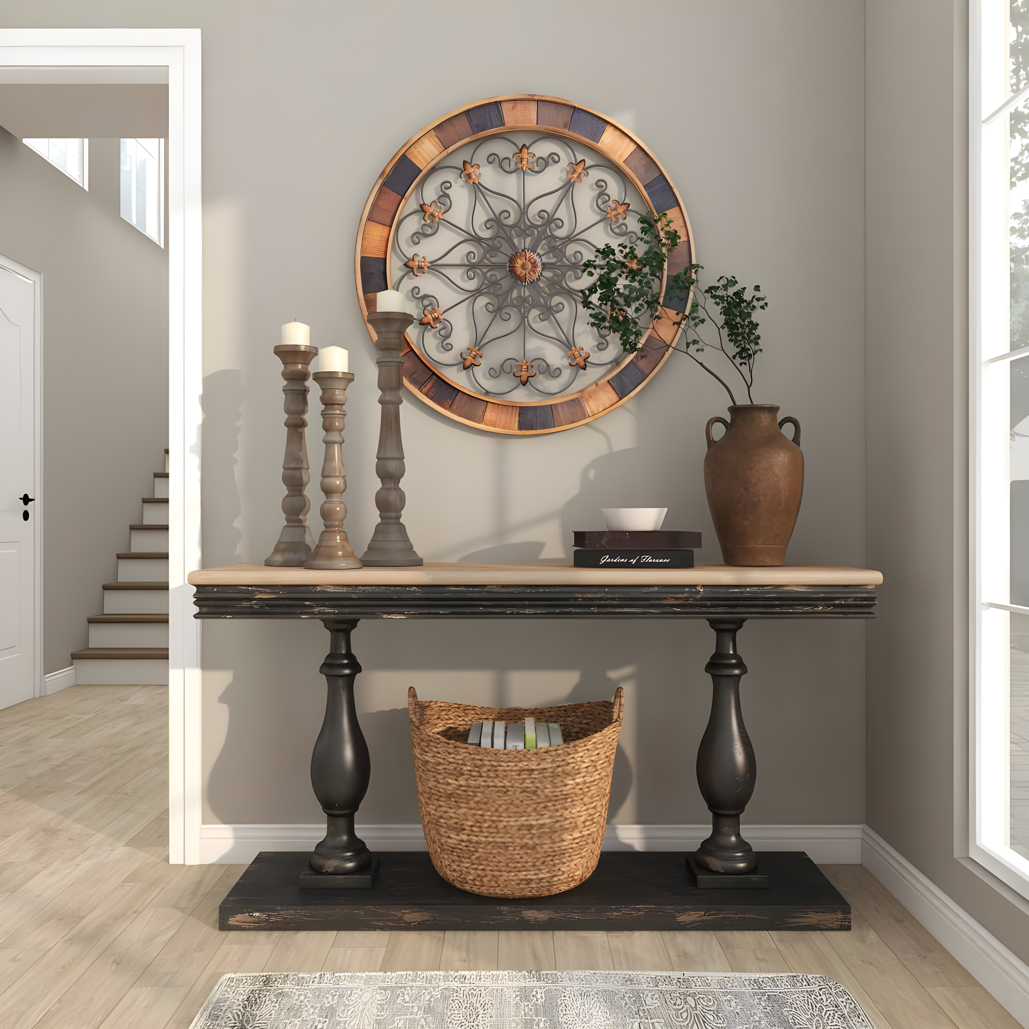 DecMode Brown Wood Arabesque Scroll Wall Decor with Metal Fleur De Lis Relief