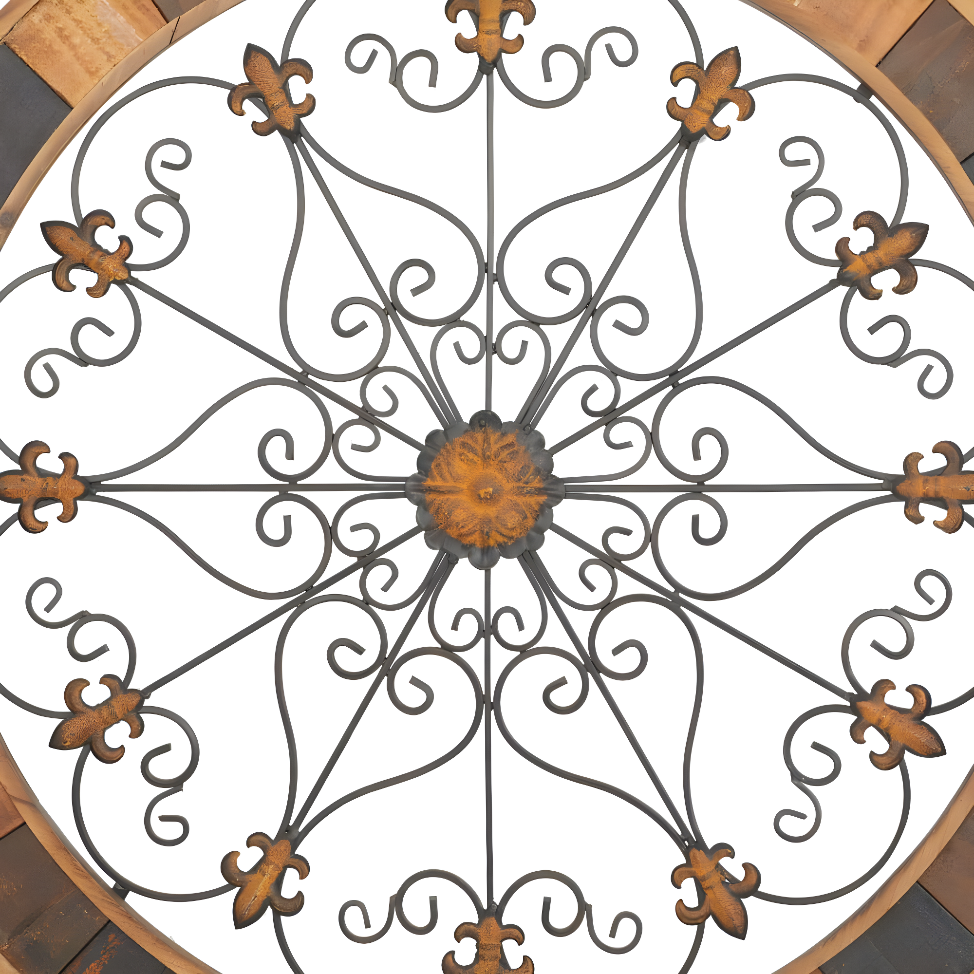DecMode Brown Wood Arabesque Scroll Wall Decor with Metal Fleur De Lis Relief