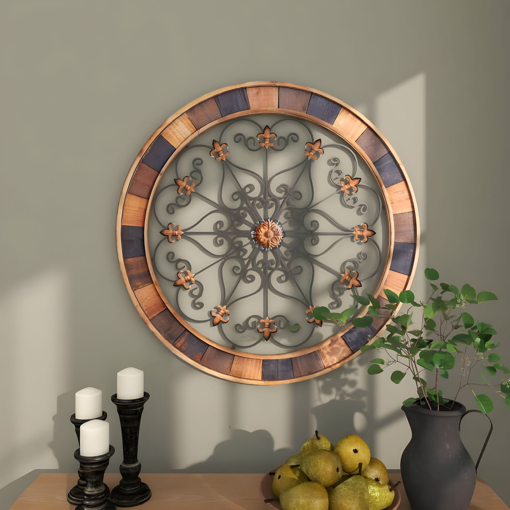 DecMode Brown Wood Arabesque Scroll Wall Decor with Metal Fleur De Lis Relief