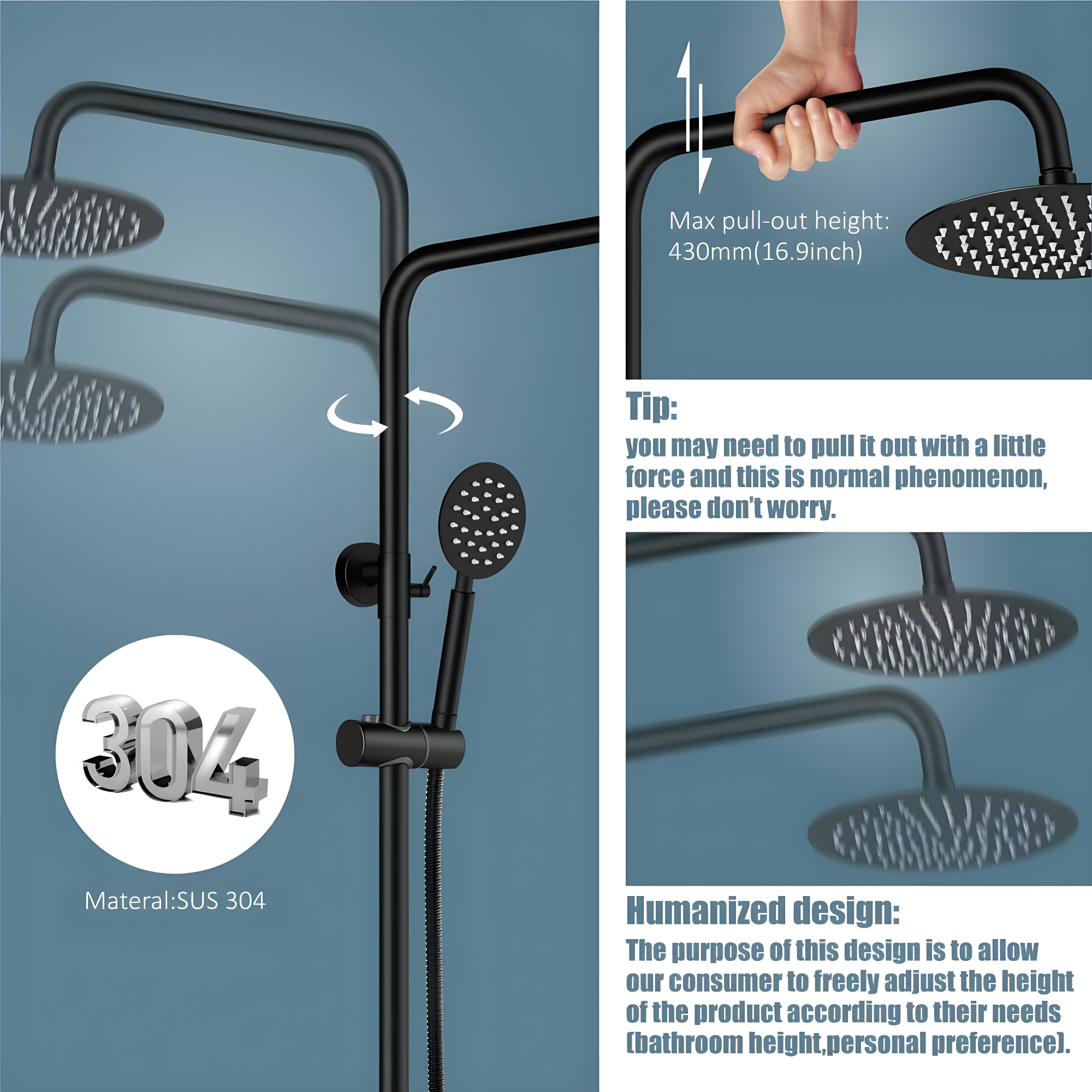 Outdoor Shower Fixture SUS304 Shower Faucet Combo Set Stainless Steel 8 Rainfall Shower Head