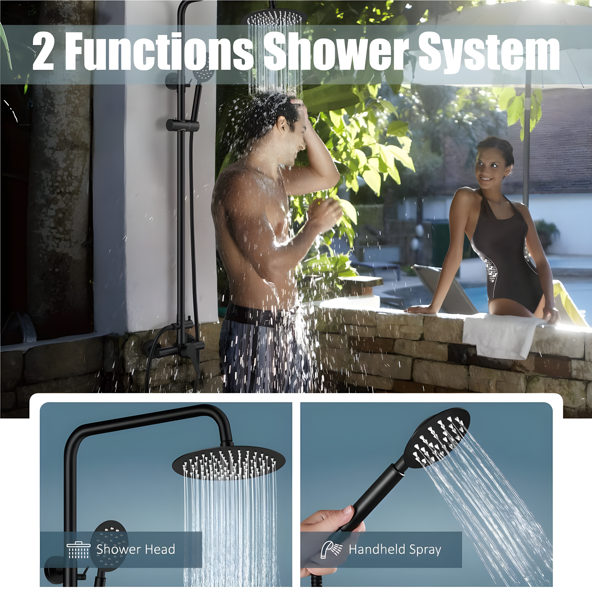 Outdoor Shower Fixture SUS304 Shower Faucet Combo Set Stainless Steel 8 Rainfall Shower Head