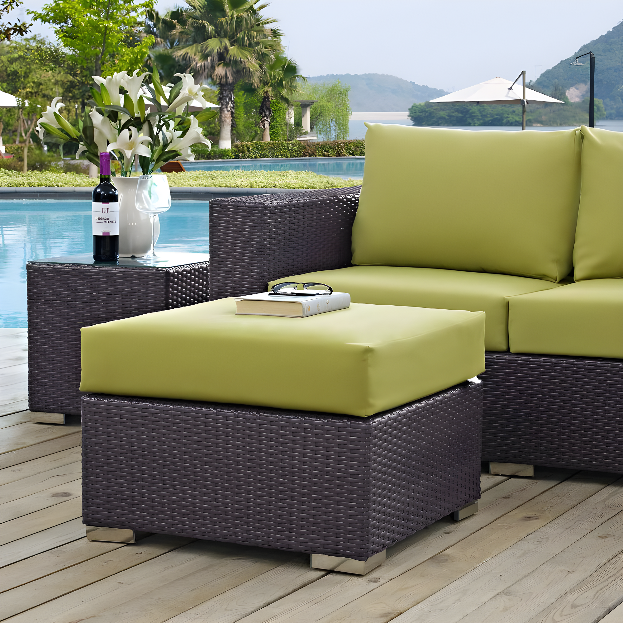 Modway Convene Outdoor Patio Fabric Square Ottoman in Espresso Peridot