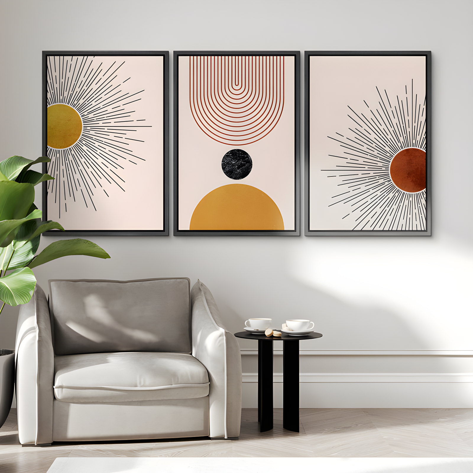 Mid Century Modern Boho Bright Nordic Abstract  Living Room Framed Canvas 3 Pieces Print Wall Art