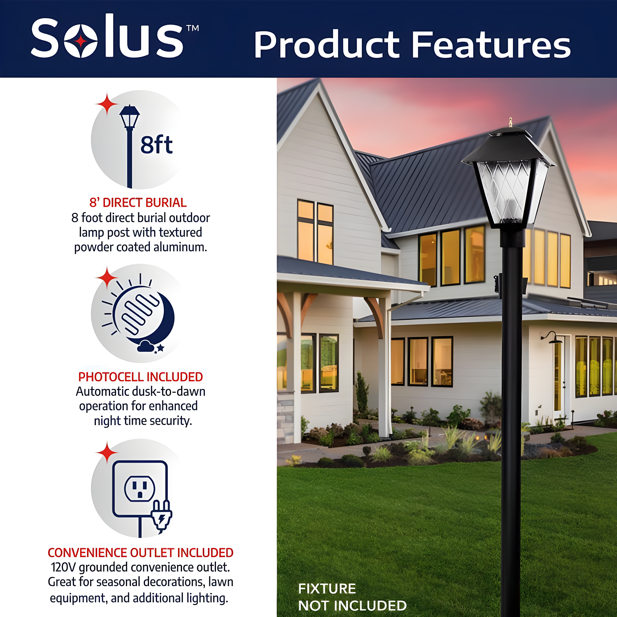 Solus 8 ft. Black Aluminum Outdoor Lamp Post with Outlet