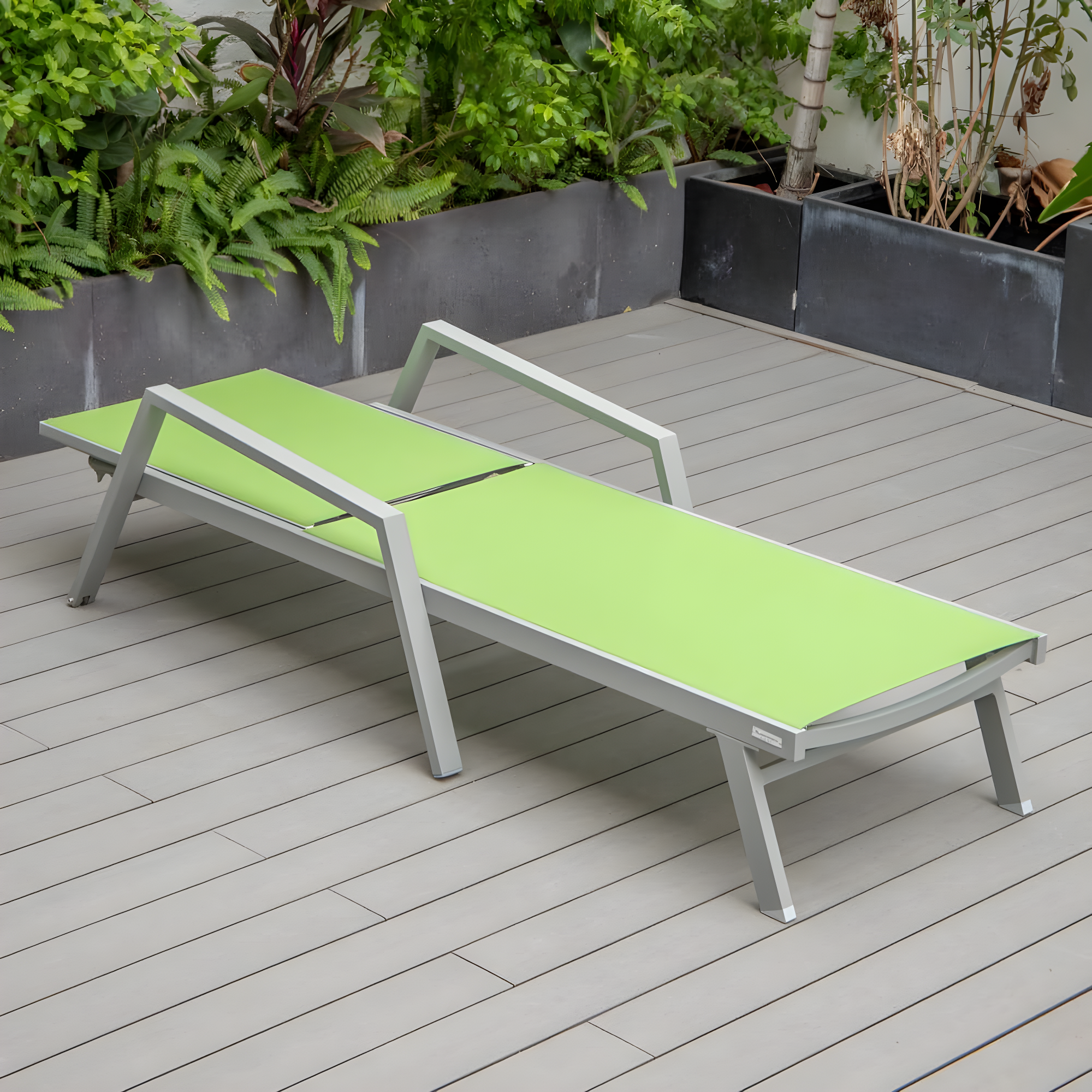 LeisureMod Outdoor Powder Coated Aluminum Chaise Lounge Set with Table (Set of 2)