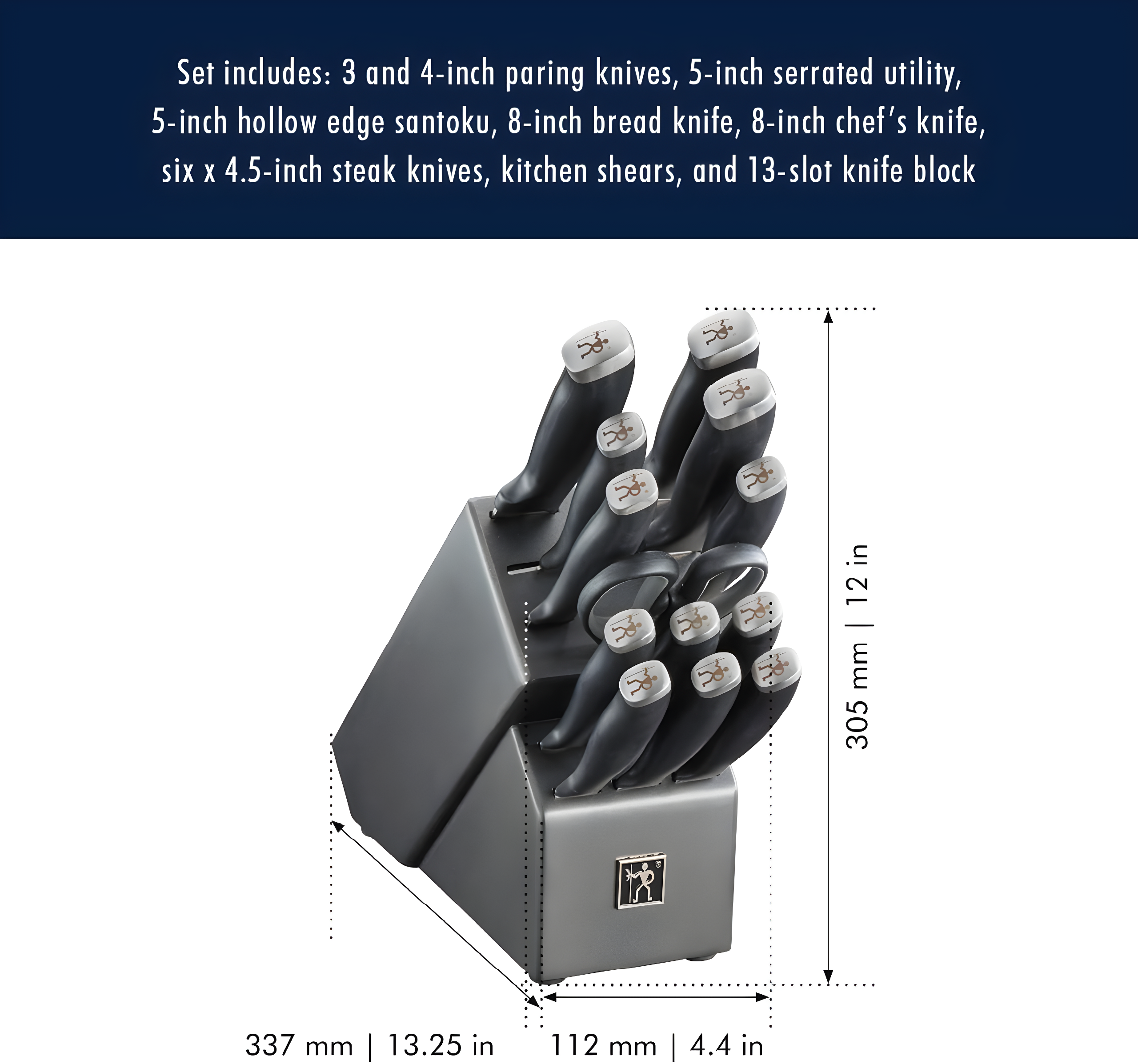 HENCKELS HENCKELS Silvercap 14 Piece Knife Set with Block, Chef Knife, Paring Knife, Utility Knife, Bread Knife, Steak Knife, Black, Stainless Steel