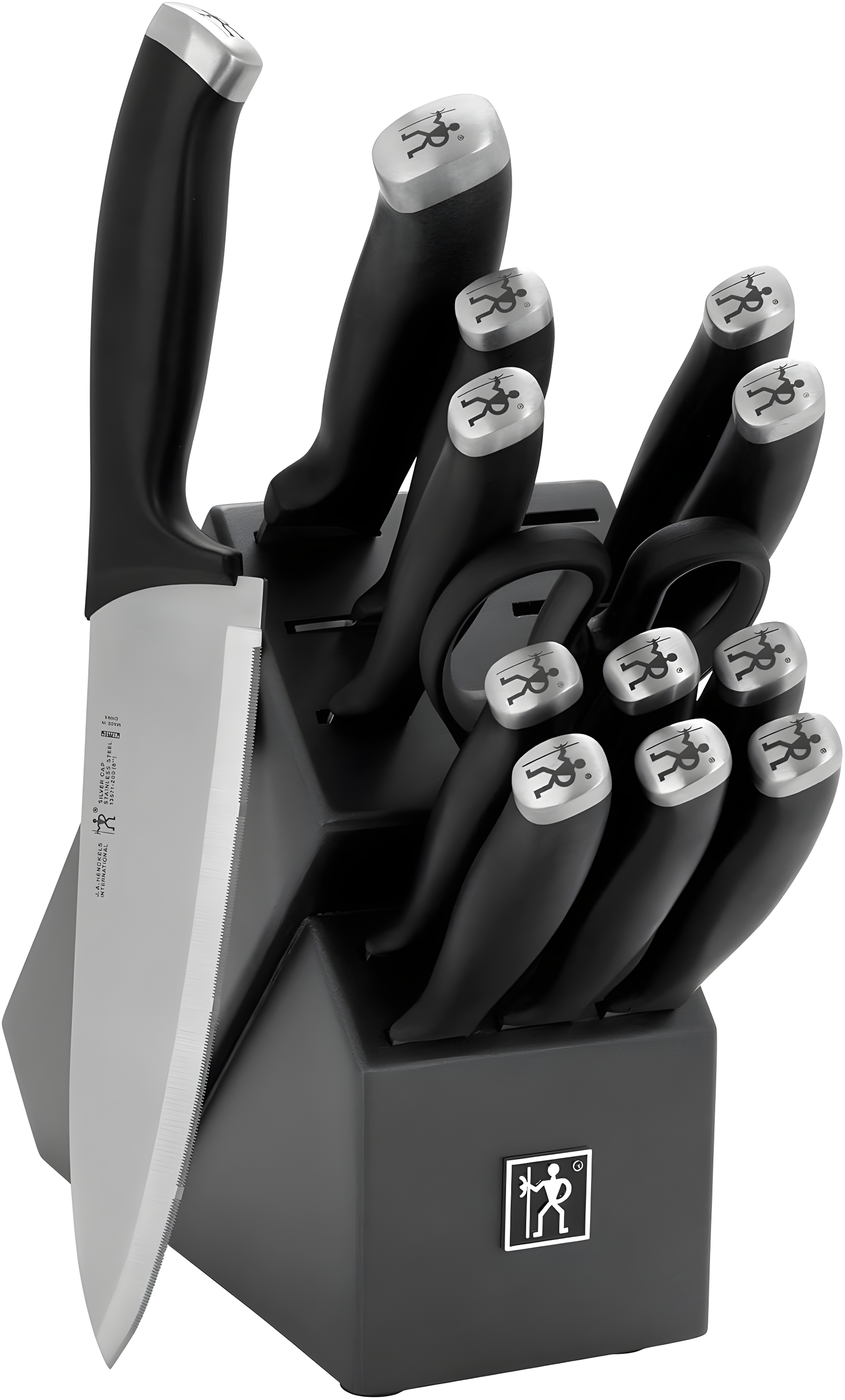 HENCKELS HENCKELS Silvercap 14 Piece Knife Set with Block, Chef Knife, Paring Knife, Utility Knife, Bread Knife, Steak Knife, Black, Stainless Steel
