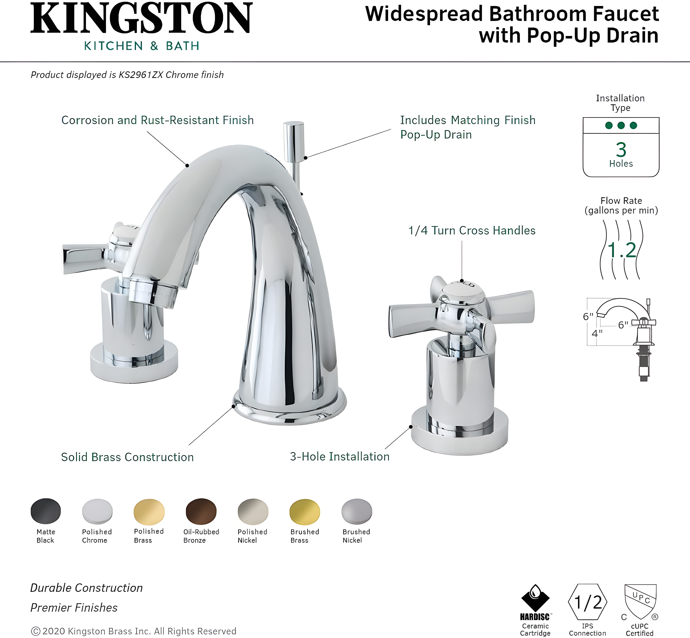 Kingston Brass Millennium Two-Handle 3-Hole Deck Mount Widespread Bathroom Faucet with Brass Pop-Up Drain