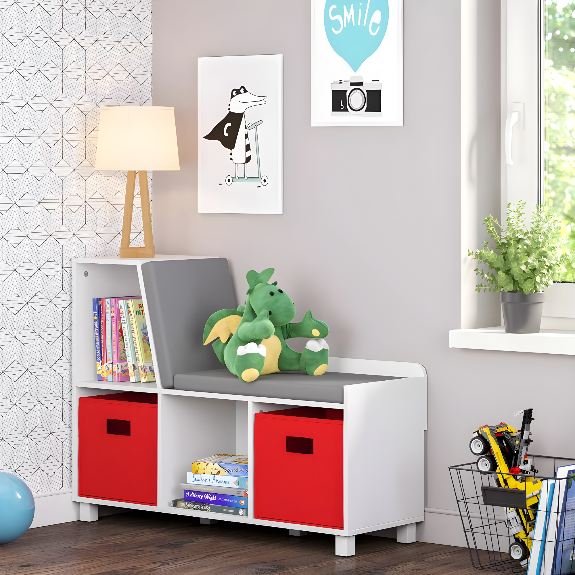 RiverRidge Home RiverRidge Kids Reading Book Nook Cushioned Toy Storage Bench with Cubby Organizers and 2 Fabric Bins- White