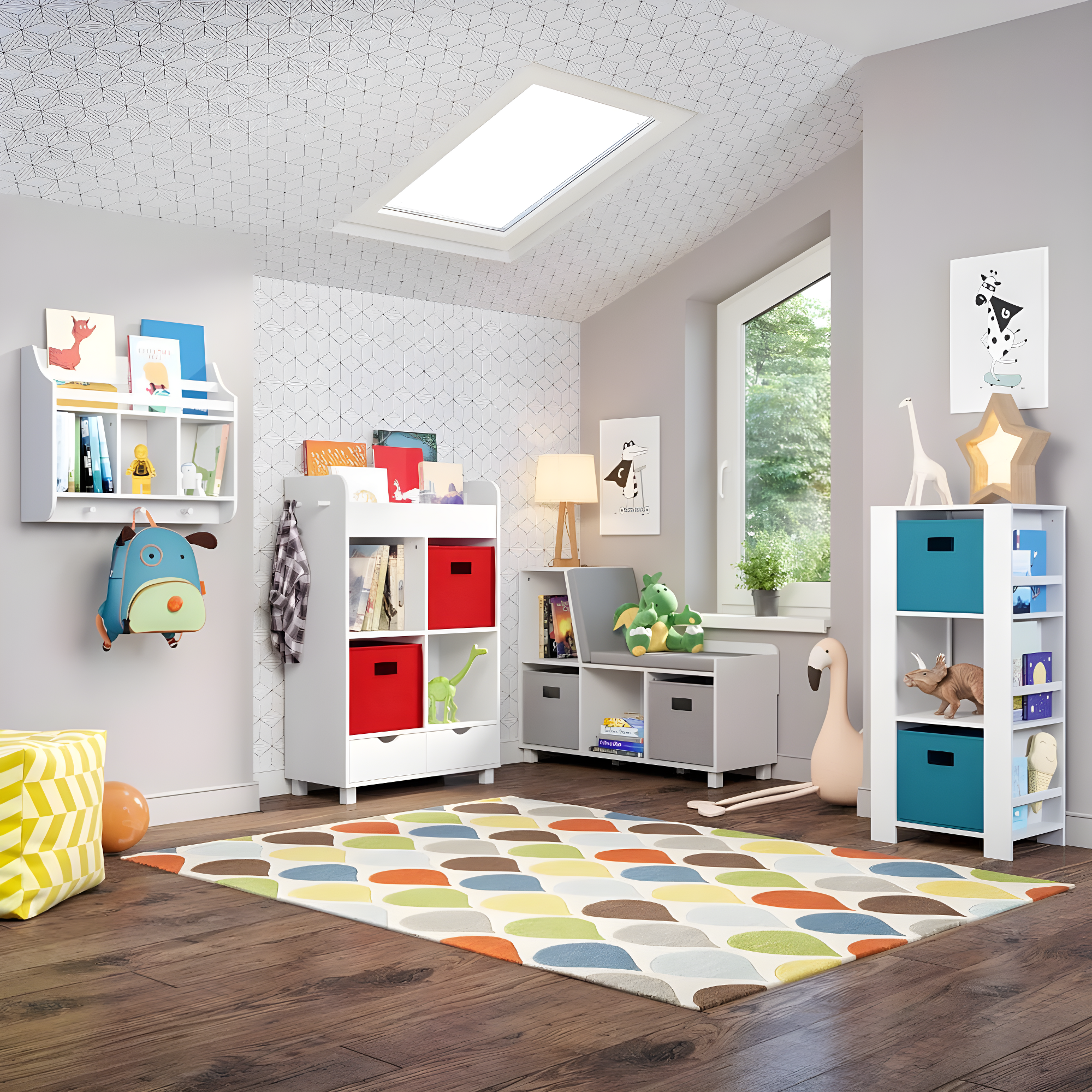 RiverRidge Home RiverRidge Kids Reading Book Nook Cushioned Toy Storage Bench with Cubby Organizers and 2 Fabric Bins- White