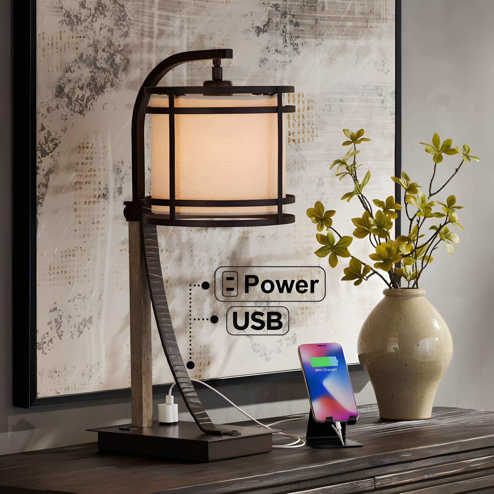 Franklin Iron Works Gentry Industrial Desk Lamp 22" High Oil Rubbed Bronze Faux Wood Cage with USB and AC Power Outlet in Base Oatmeal Shade for Desk