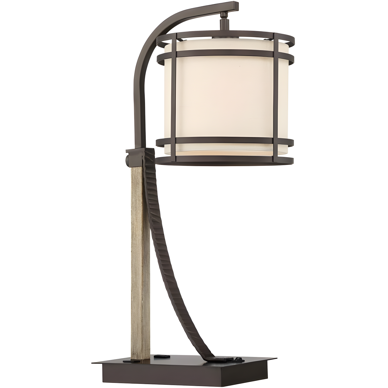 Franklin Iron Works Gentry Industrial Desk Lamp 22" High Oil Rubbed Bronze Faux Wood Cage with USB and AC Power Outlet in Base Oatmeal Shade for Desk