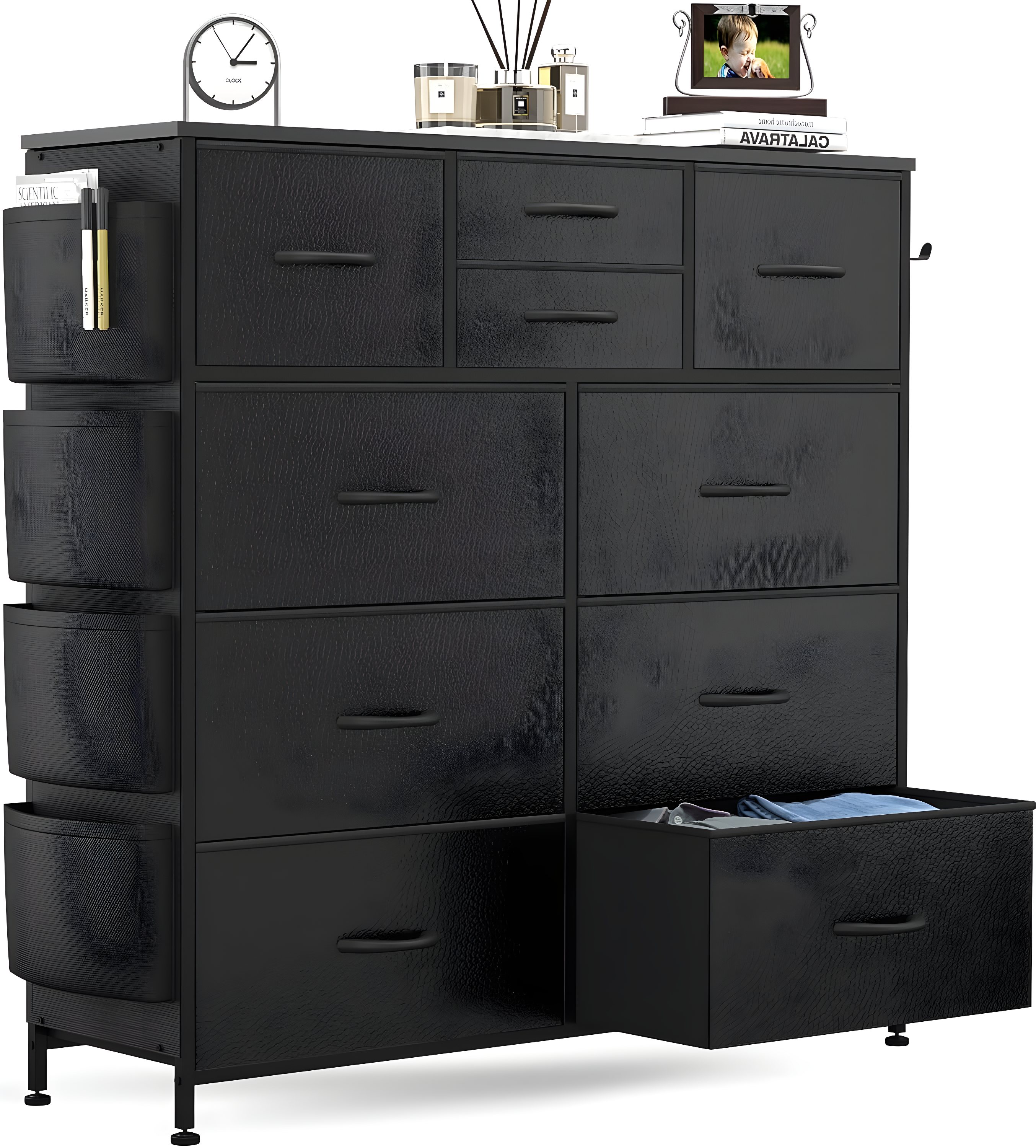 Modern 10-Drawer Fabric Storage Dresser - Tall Chest of Drawers with Steel Frame, Wooden Top, for Bedroom, Closet, Entryway, Black