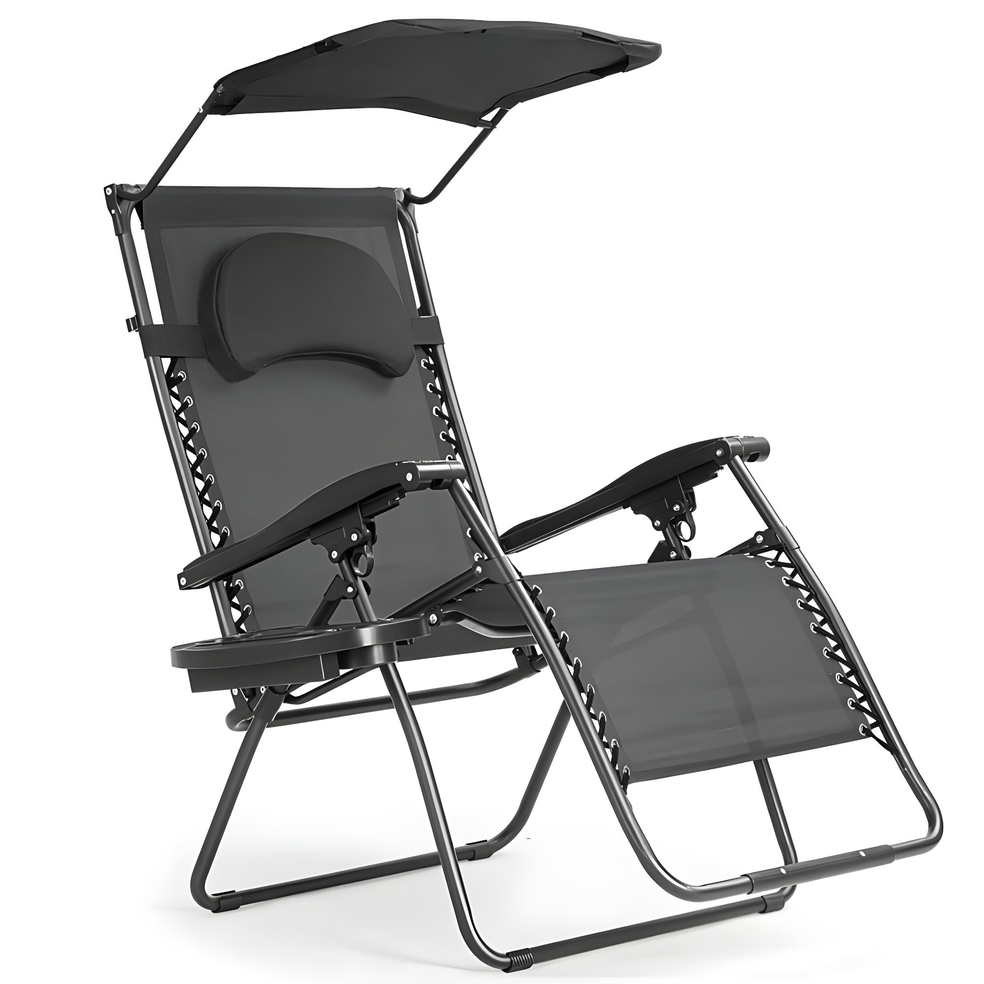 Arlmont & Co. Outdoor Folding Recliner Lounge Chair with Shade Canopy And Cup Holder