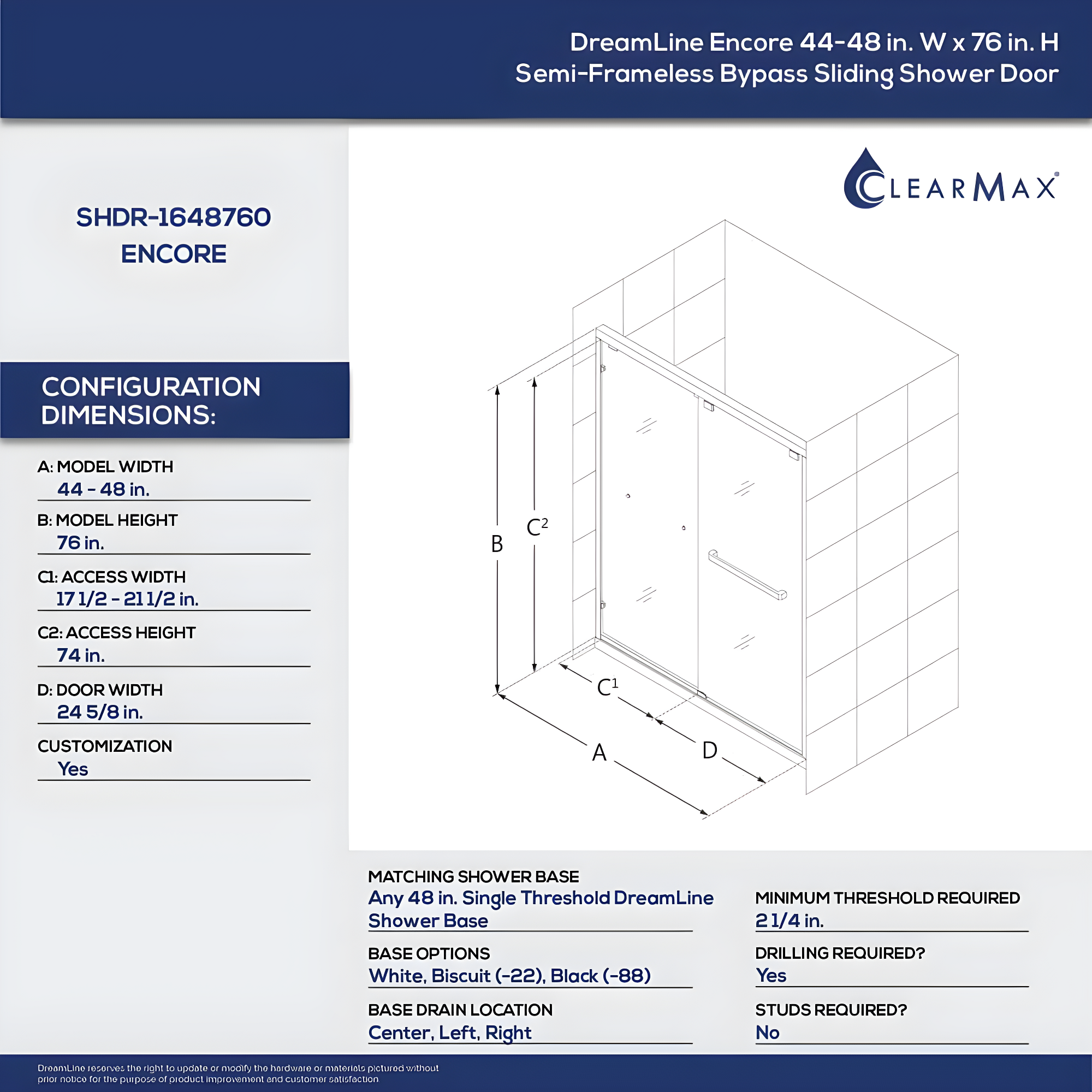 Encore 44" W x 76" Frameless Shower Door with ClearMax Technology
