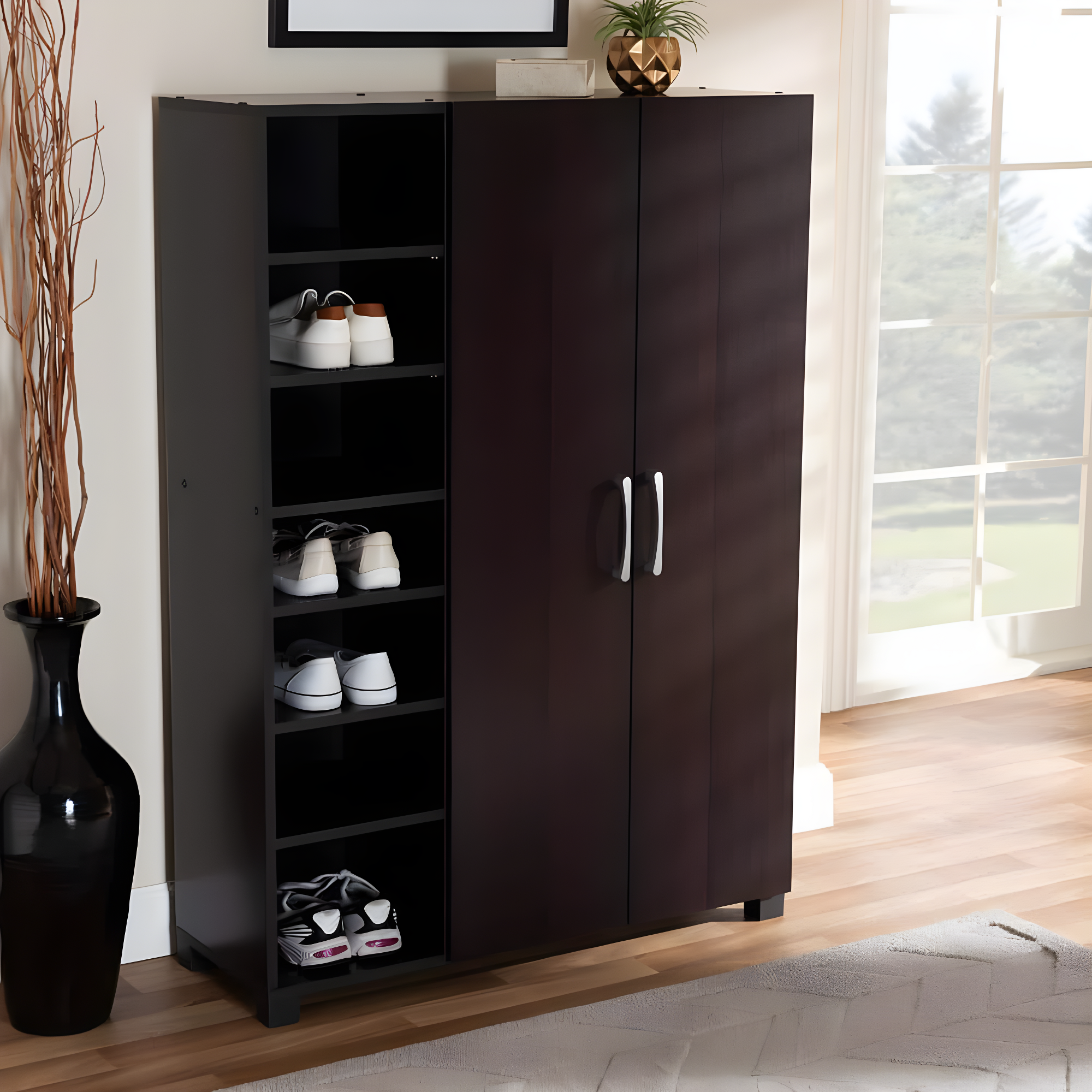 Marine Finished 2 Door Wood Entryway Shoe Storage Cabinet with Open Shelves Brown - Baxton Studio: Organizer for Closet, Wenge Finish