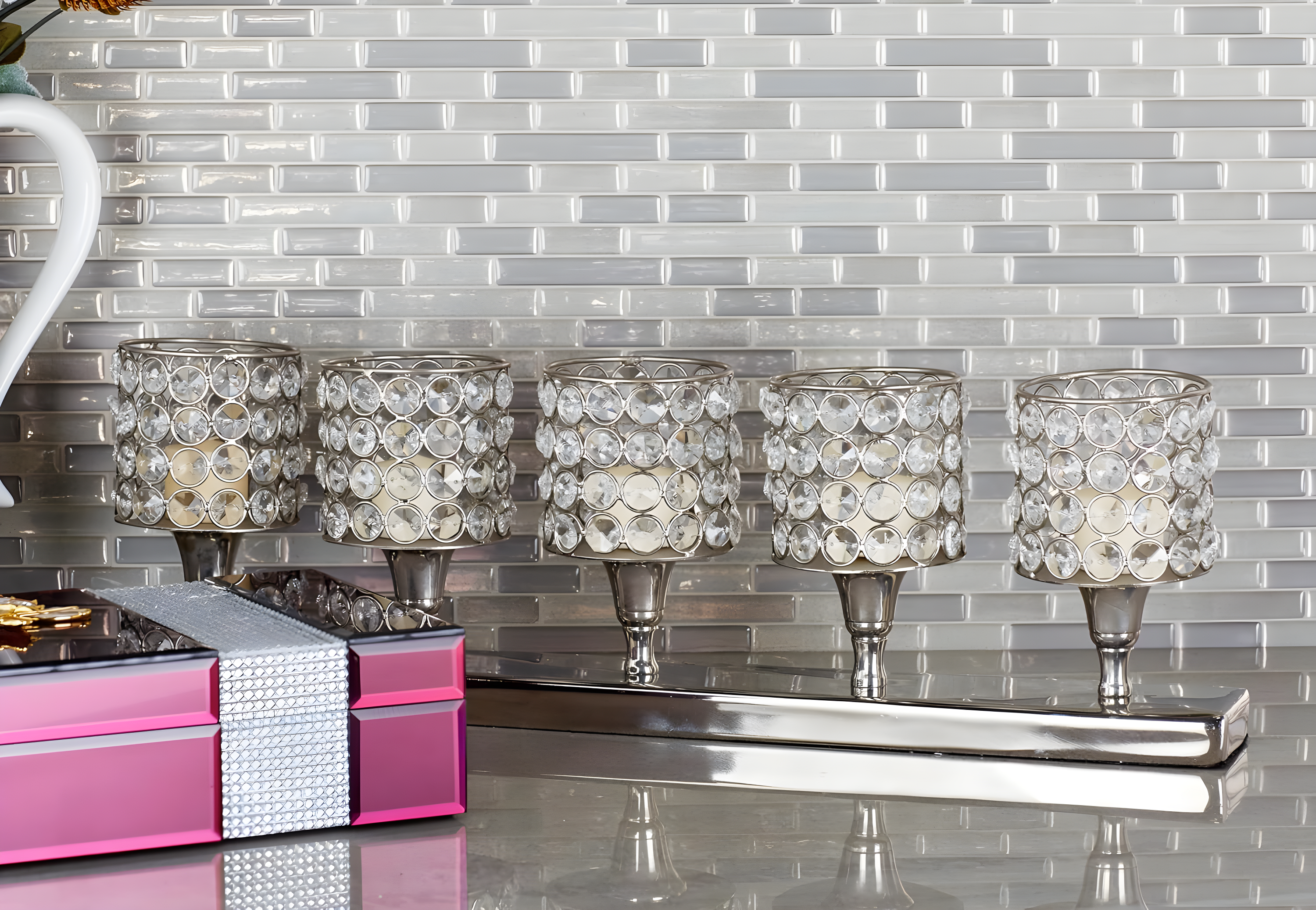 House of Hampton® Aluminum Metal Pillar 5 Crystal Sleeve Decorative Silver Candelabra