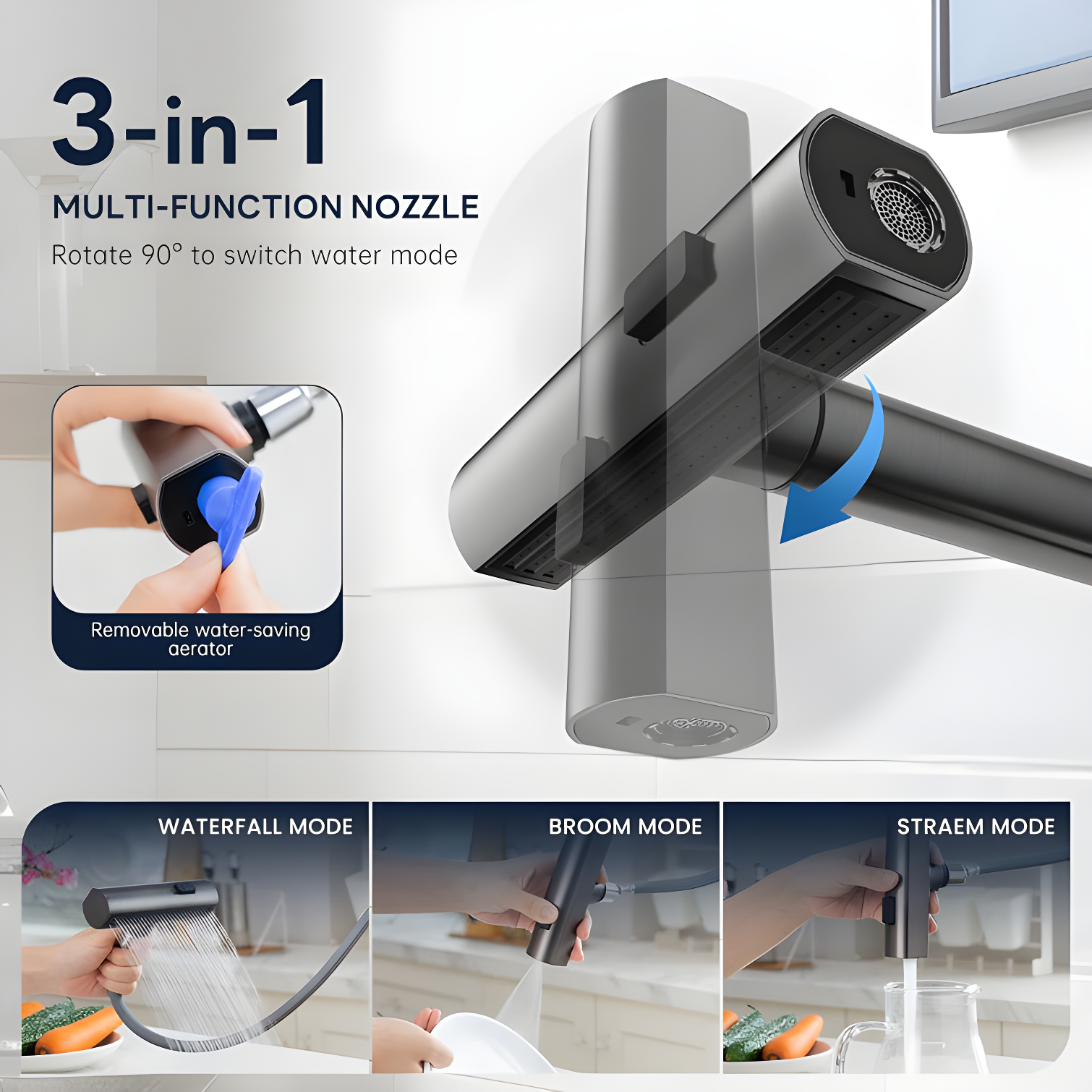 Waterfall Kitchen Faucet with Pull Down Sprayer, Stainless Kitchen Faucet with Sprayer 3 Modes