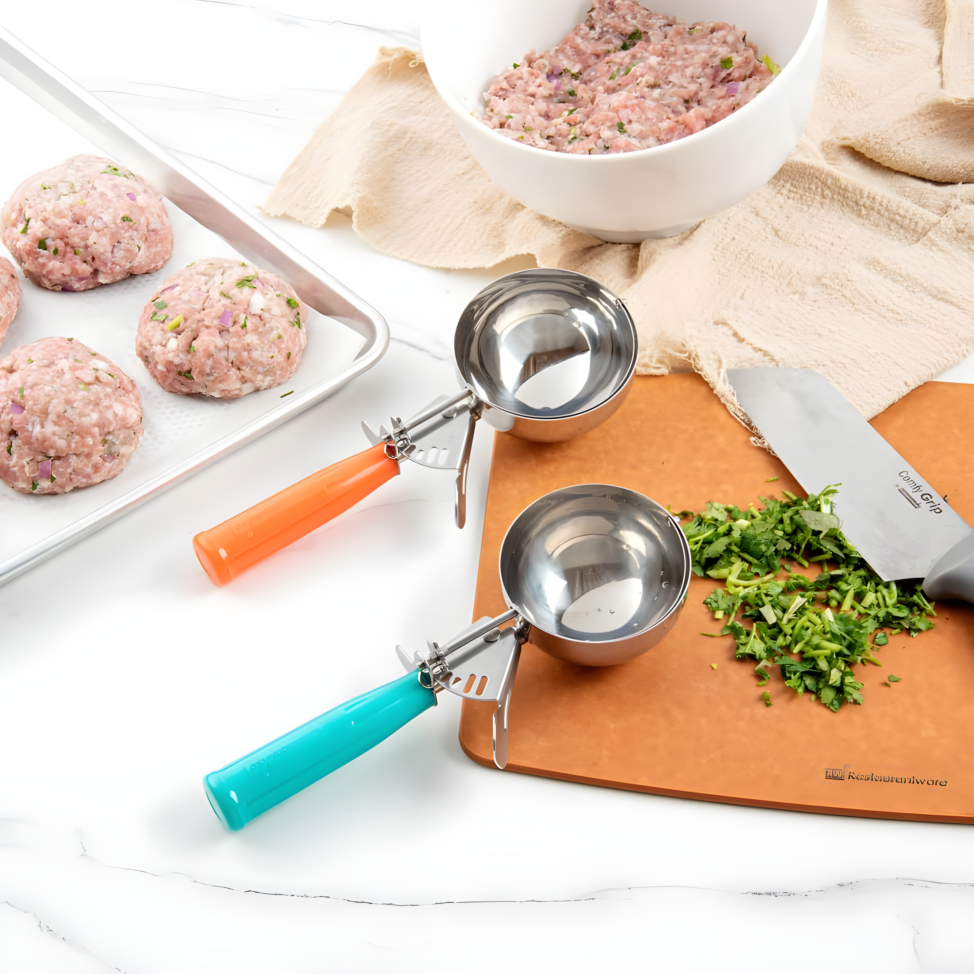 Restaurantware Met Lux 8 Ounce Portion Scoop 1 Durable Disher Scoop - Thumb Trigger Orange Stainless Steel Ice cream Disher For Portion Control For Ice Cream Mashed Potato And Cookie Batter
