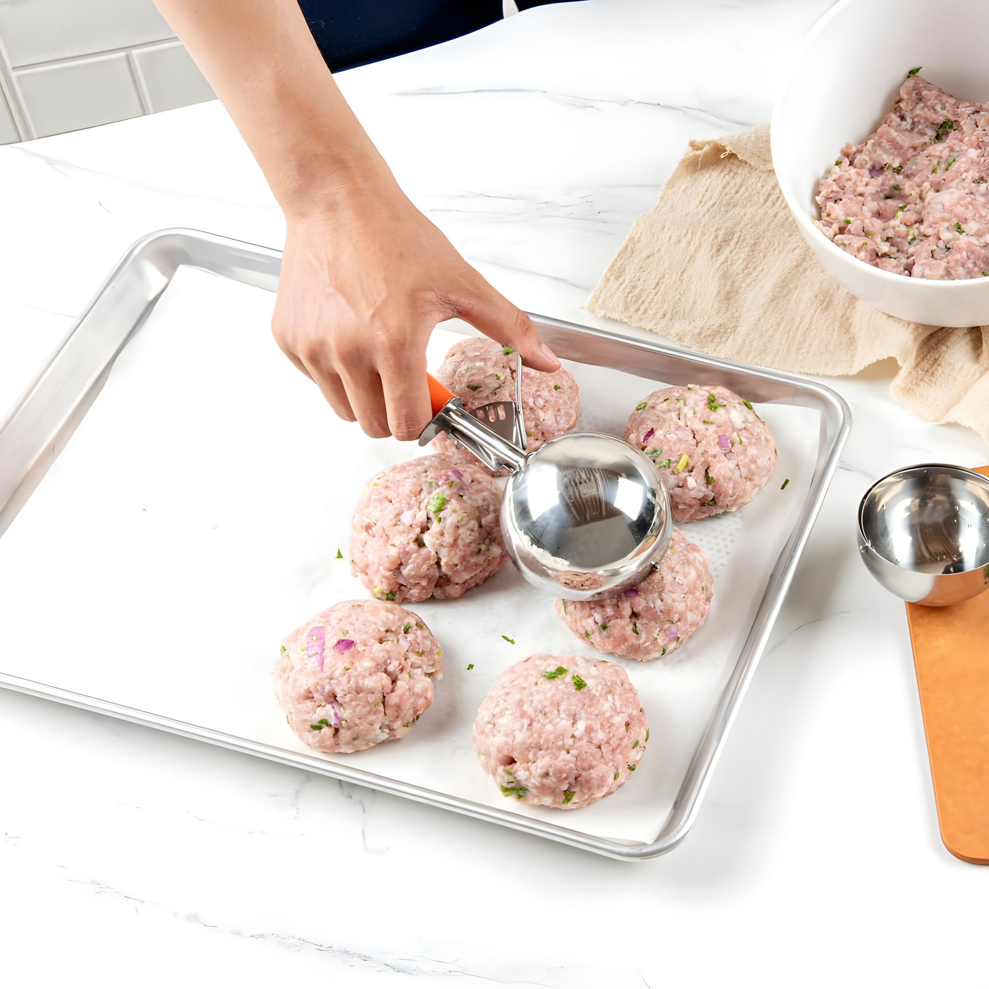 Restaurantware Met Lux 8 Ounce Portion Scoop 1 Durable Disher Scoop - Thumb Trigger Orange Stainless Steel Ice cream Disher For Portion Control For Ice Cream Mashed Potato And Cookie Batter