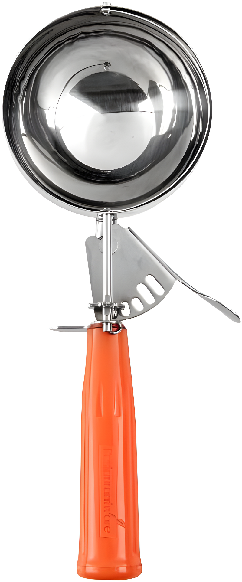 Restaurantware Met Lux 8 Ounce Portion Scoop 1 Durable Disher Scoop - Thumb Trigger Orange Stainless Steel Ice cream Disher For Portion Control For Ice Cream Mashed Potato And Cookie Batter