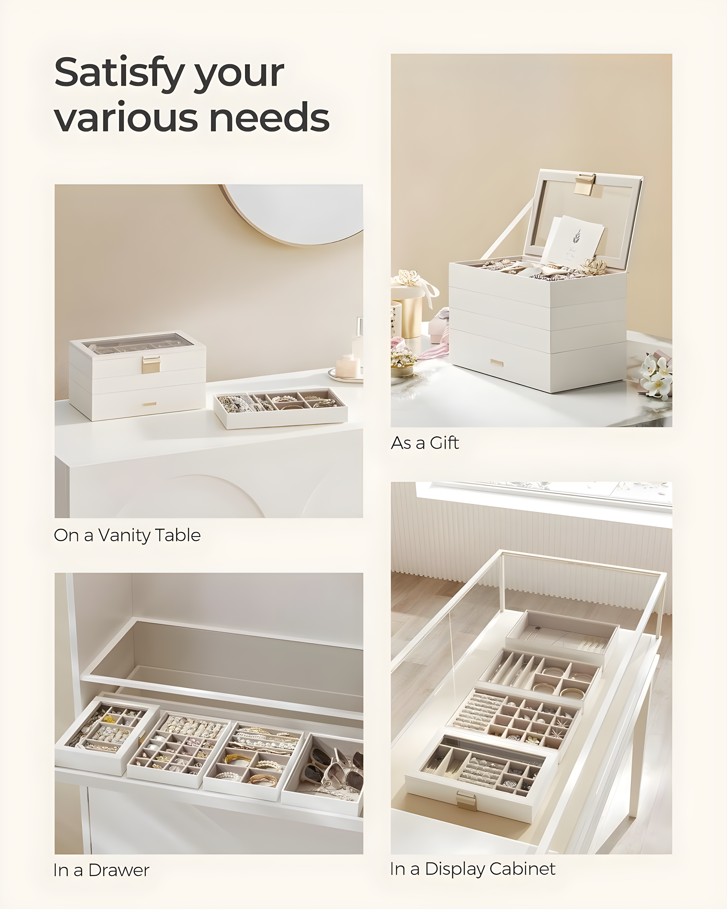 Latitude Run® Stackable Jewelry Trays, 4-Tier Jewelry Box, Drawer Jewelry Organizer, With Glass Lid, Removable Dividers, For Vanity Table, 6.7 X 11 X 7.2 Inches, Cloud White