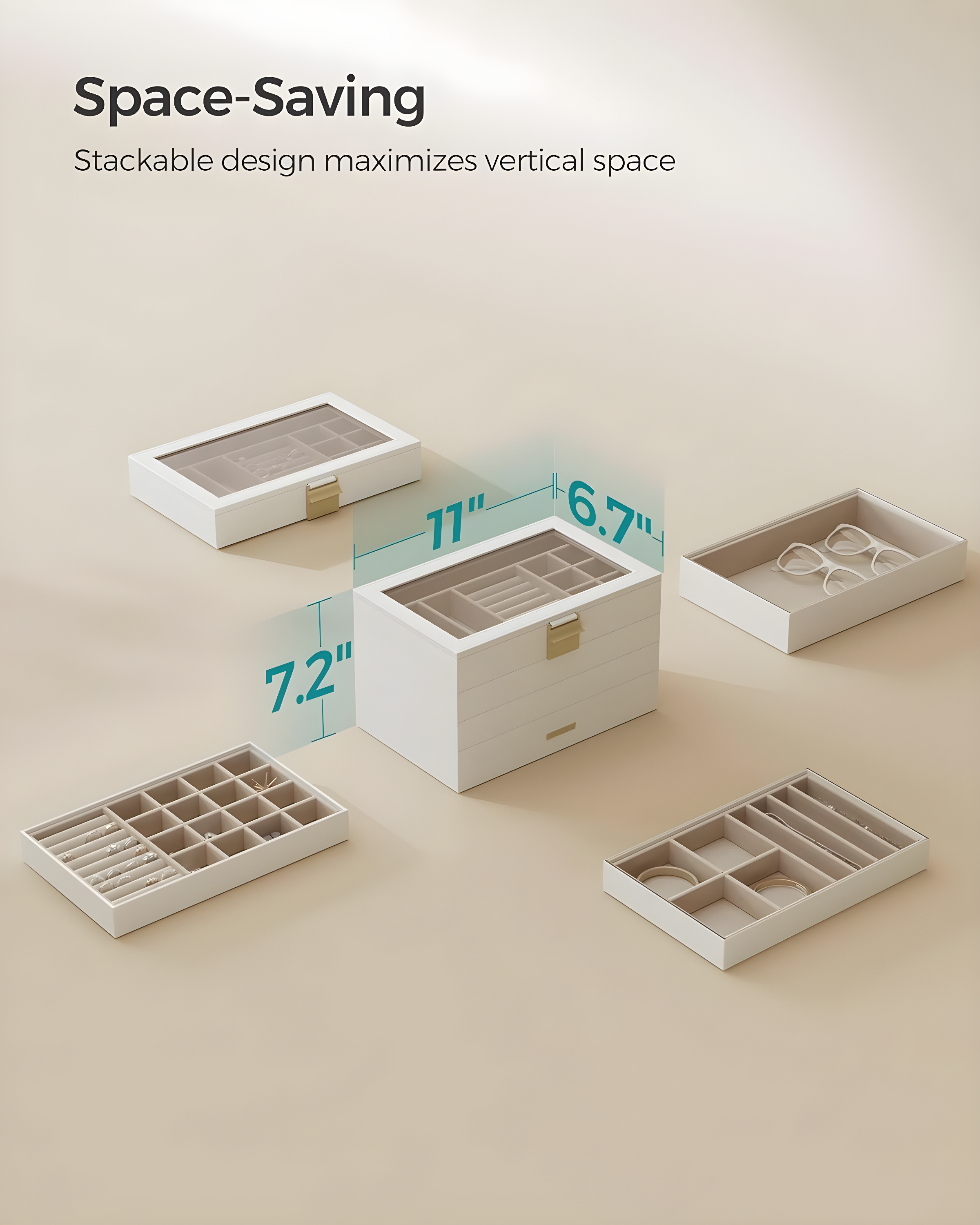 Latitude Run® Stackable Jewelry Trays, 4-Tier Jewelry Box, Drawer Jewelry Organizer, With Glass Lid, Removable Dividers, For Vanity Table, 6.7 X 11 X 7.2 Inches, Cloud White