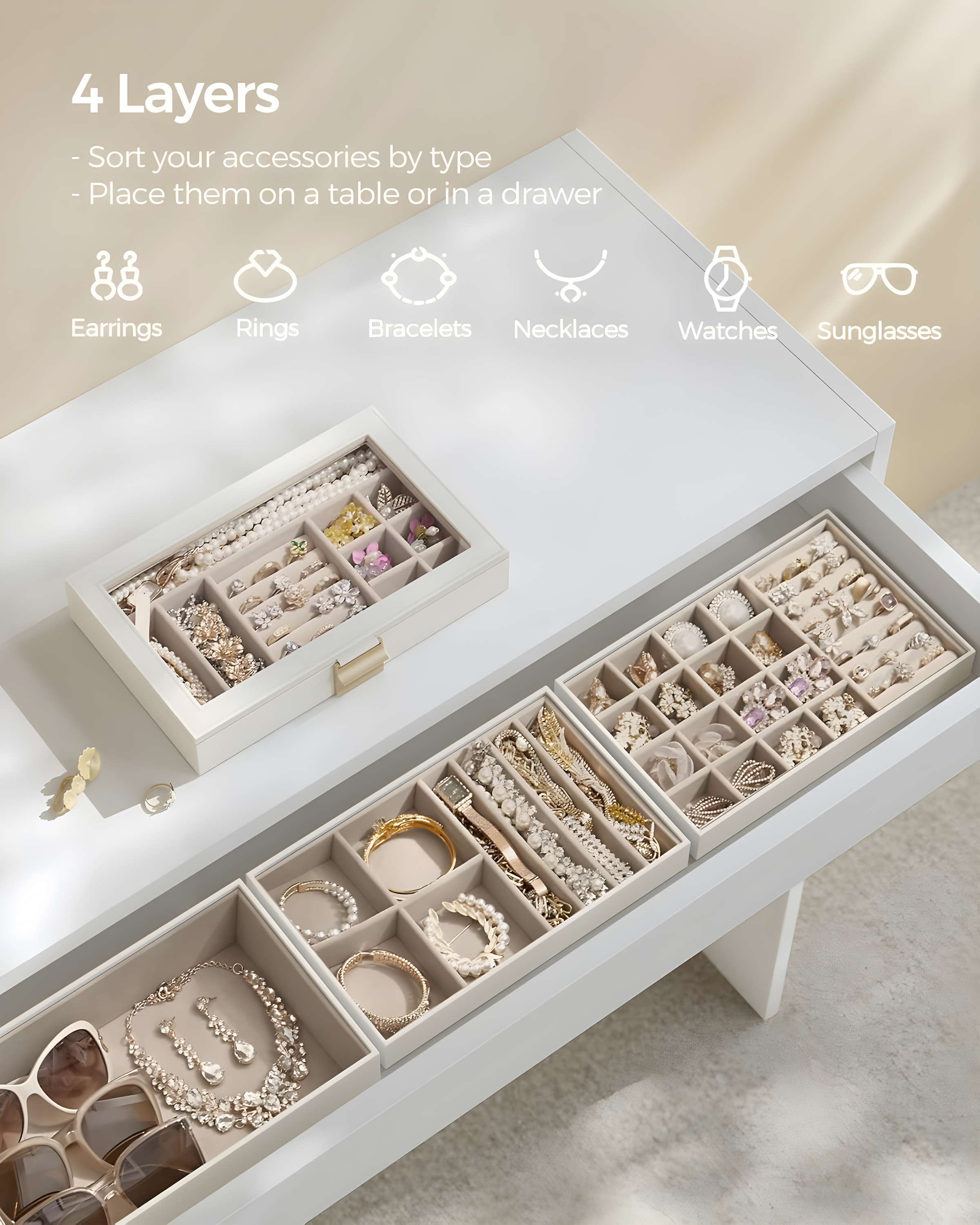 Latitude Run® Stackable Jewelry Trays, 4-Tier Jewelry Box, Drawer Jewelry Organizer, With Glass Lid, Removable Dividers, For Vanity Table, 6.7 X 11 X 7.2 Inches, Cloud White