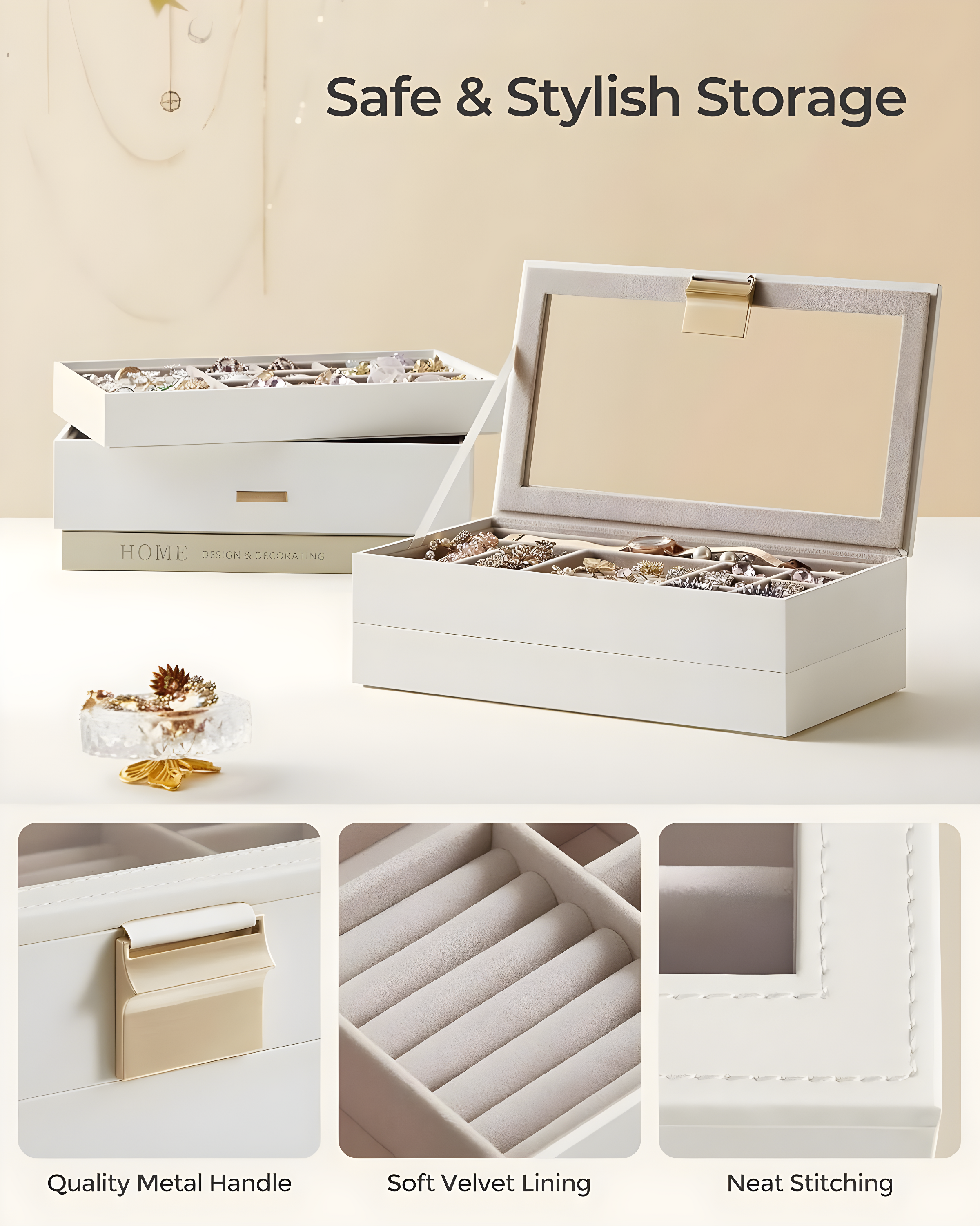 Latitude Run® Stackable Jewelry Trays, 4-Tier Jewelry Box, Drawer Jewelry Organizer, With Glass Lid, Removable Dividers, For Vanity Table, 6.7 X 11 X 7.2 Inches, Cloud White
