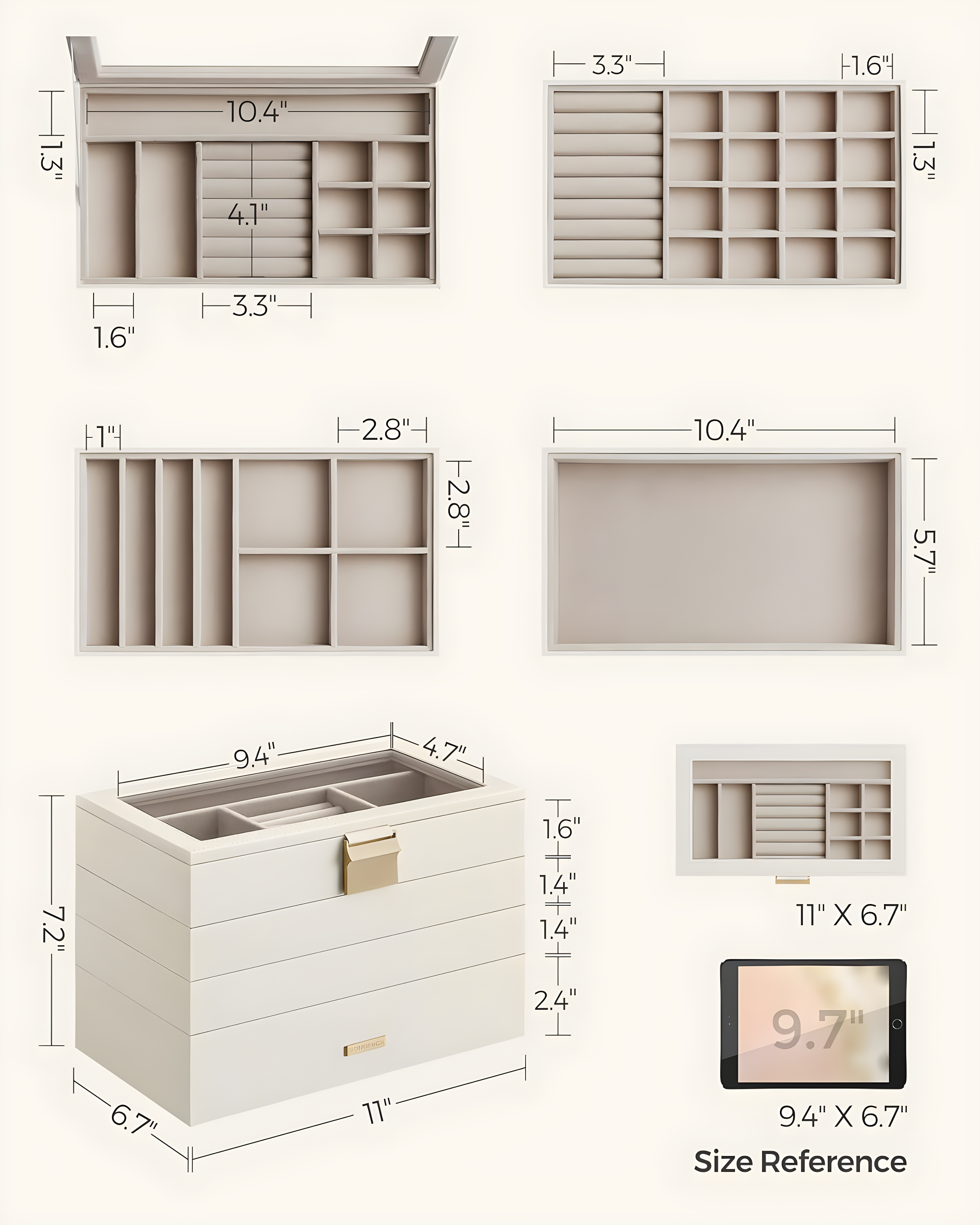 Latitude Run® Stackable Jewelry Trays, 4-Tier Jewelry Box, Drawer Jewelry Organizer, With Glass Lid, Removable Dividers, For Vanity Table, 6.7 X 11 X 7.2 Inches, Cloud White