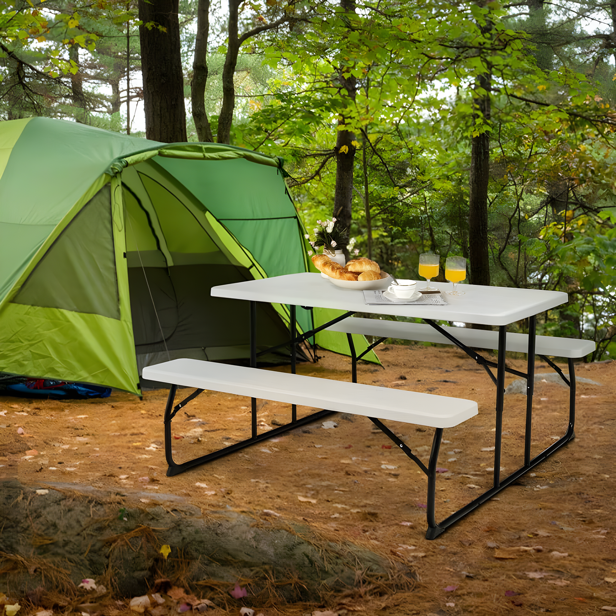Topcobe Indoor and Outdoor Folding Picnic Table Bench Set with Wood-like Texture, Outdoor Patio Furniture for Balcony Garden Backyard-White