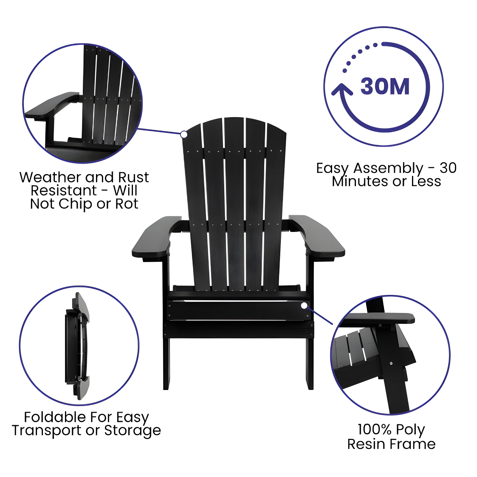 Flash Furniture Charlestown All-Weather Poly Resin Indoor/Outdoor Folding Adirondack Chair in Black