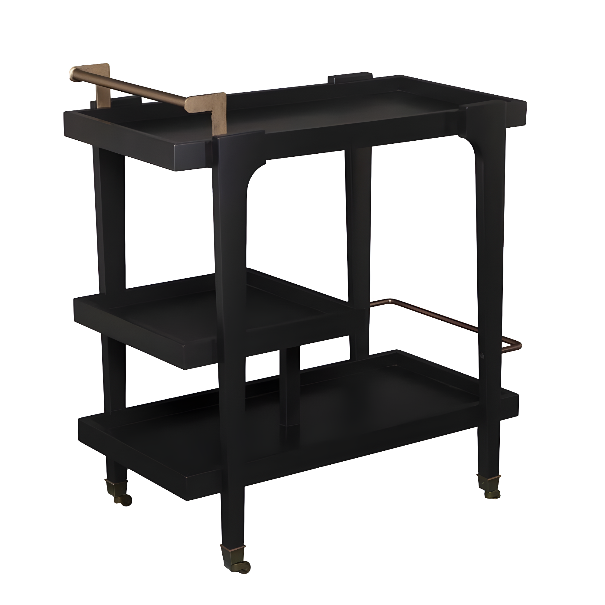 Maklaine Mid-Century Modern Bar Cart in Sleek Black with Aged Brass Highlight
