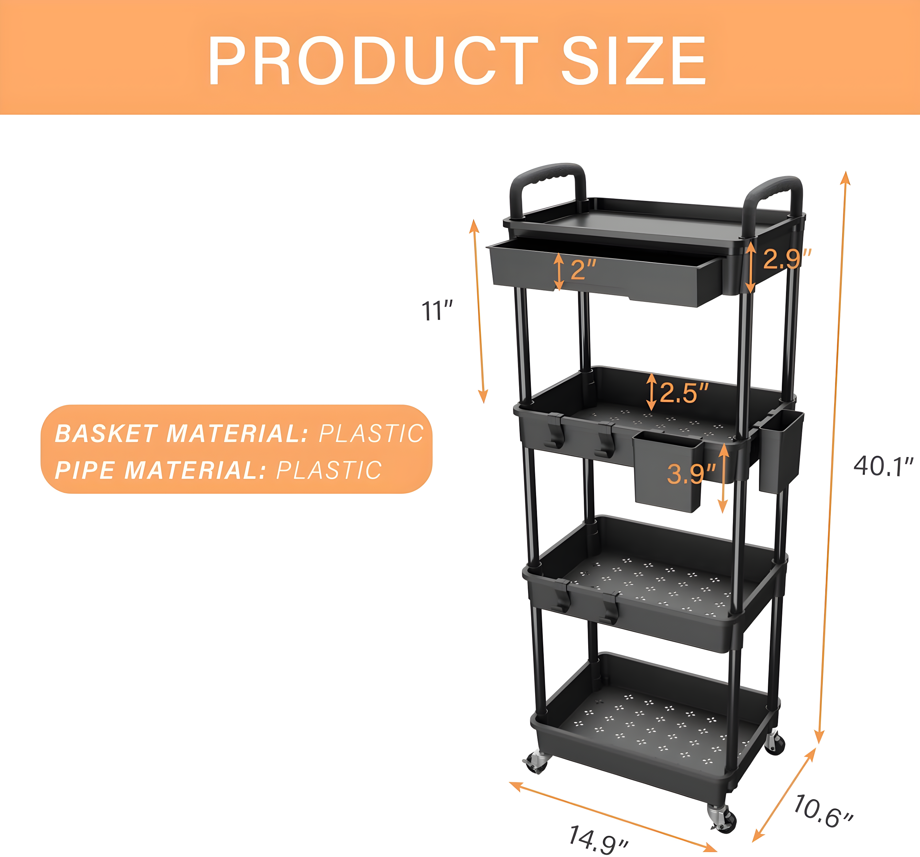 4 Tier Rolling Utility Cart with Handle,REBECAT Utility Cart Made of Multifunctional Storage Organizer Tool for Kitchen,Bathroom,Living Room,Office(Black)