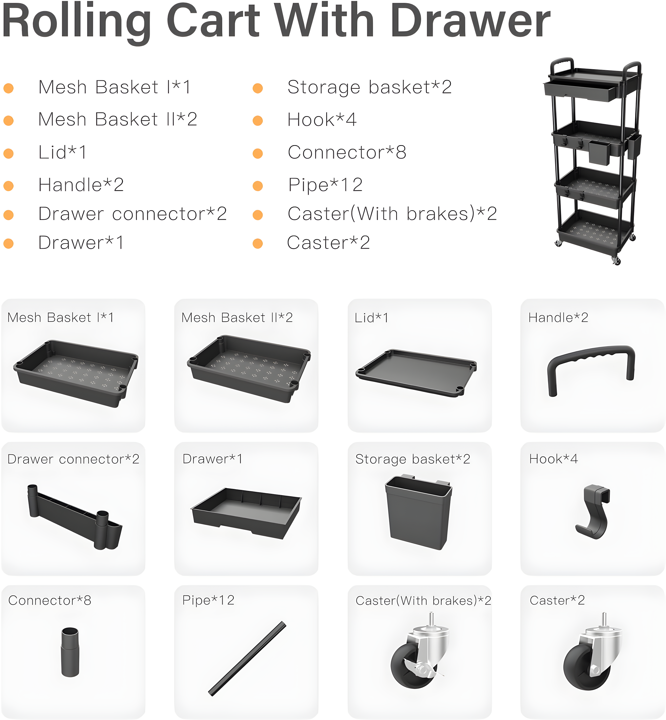 4 Tier Rolling Utility Cart with Handle,REBECAT Utility Cart Made of Multifunctional Storage Organizer Tool for Kitchen,Bathroom,Living Room,Office(Black)