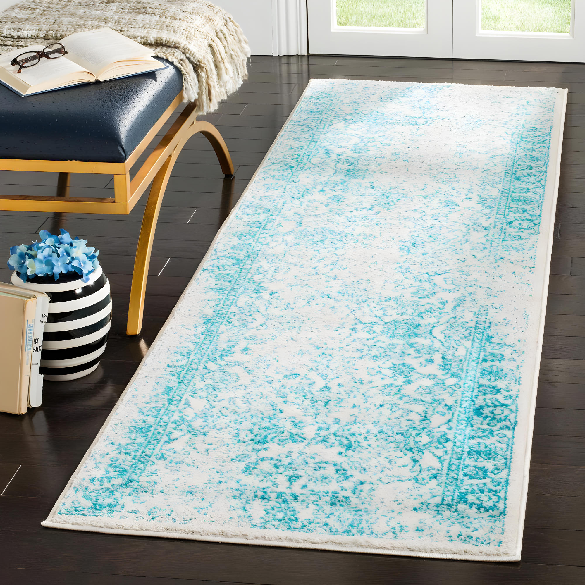 Adirondack ADR109 Machine Made Indoor Runner - Ivory/Teal - 2'-6"x8' - Safavieh