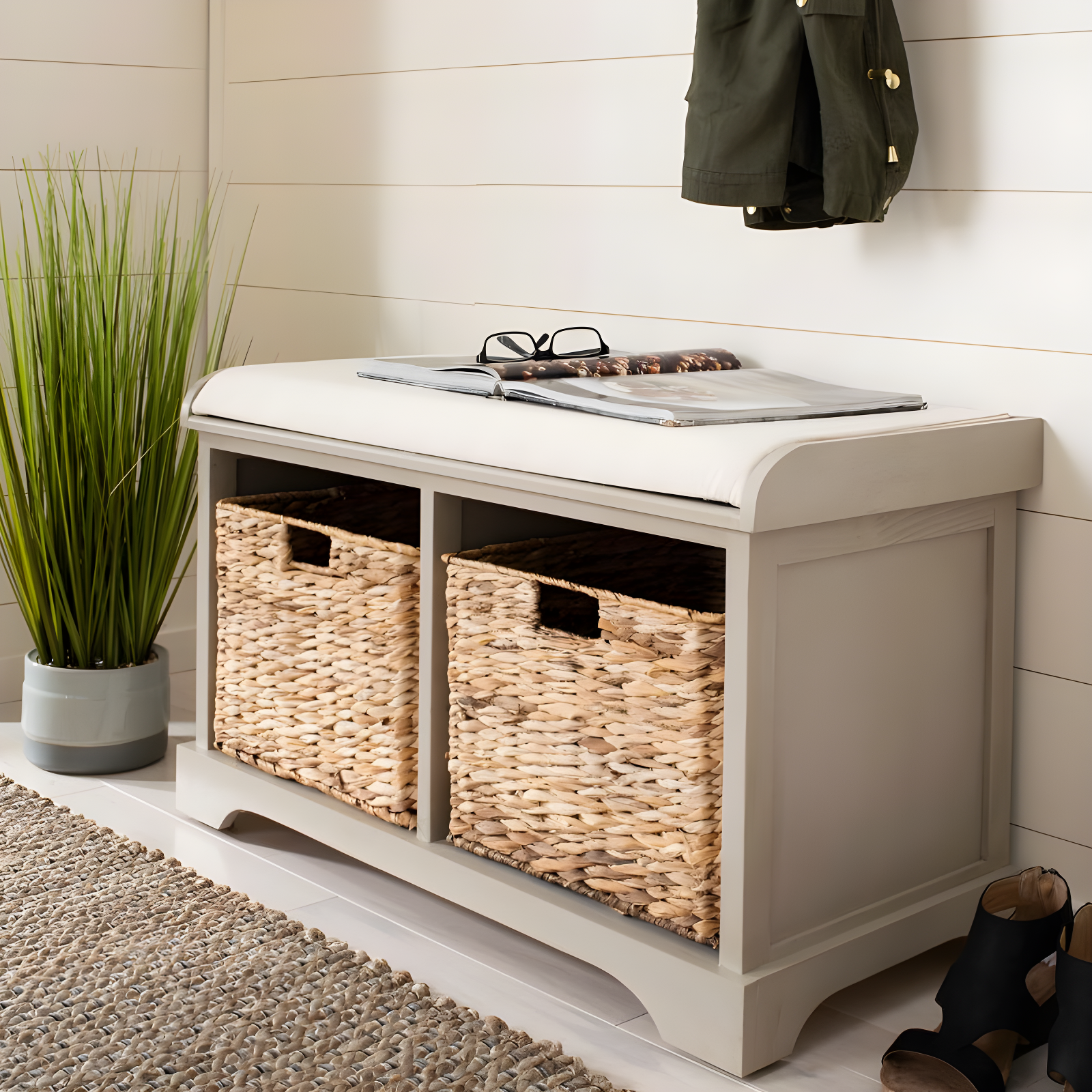 Freddy Wicker Storage Bench - AMH5736 - Vintage Grey - Safavieh