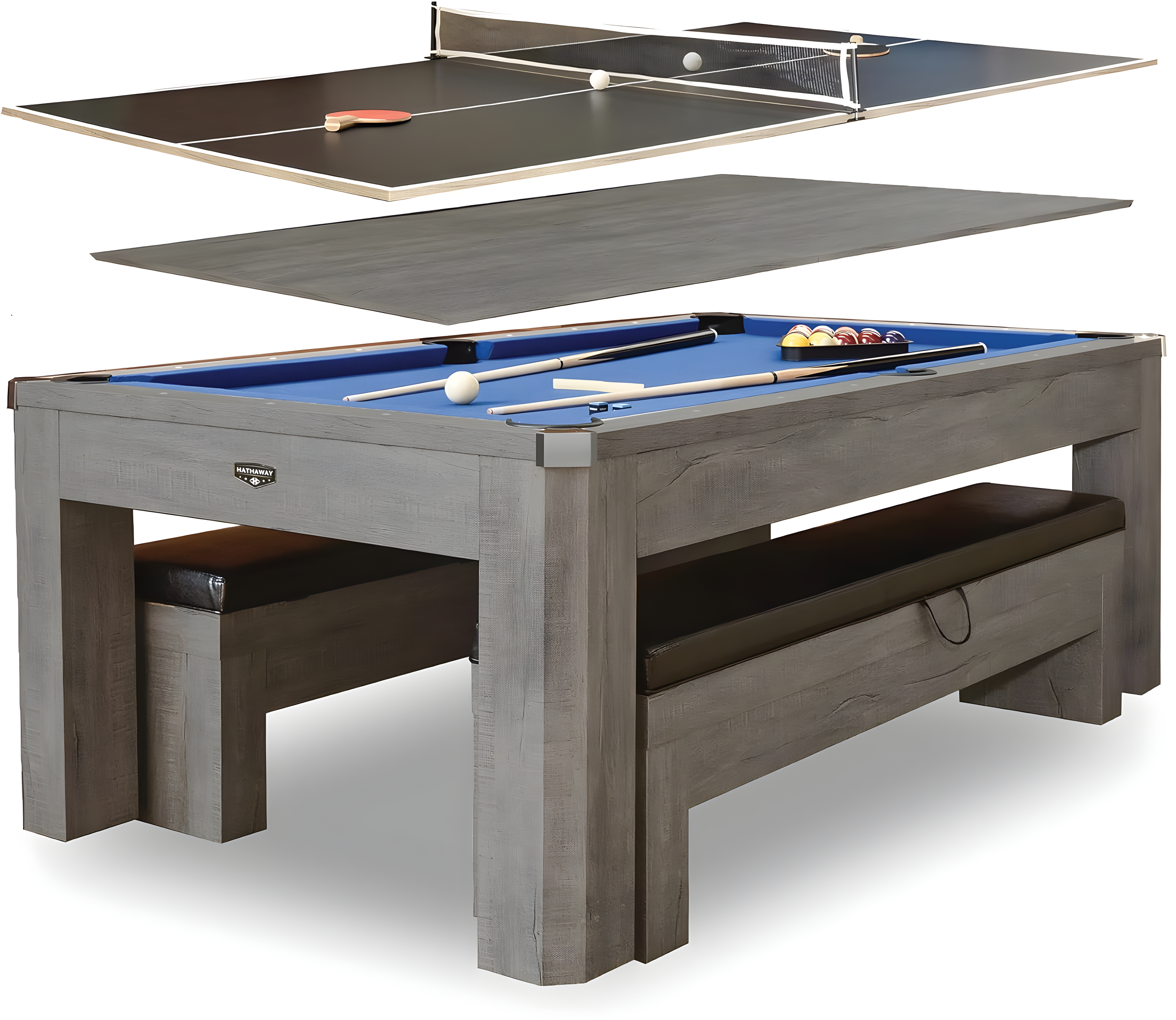 Hathaway Games Hathaway Newport Stylish 7 Ft Multi Game Pool Table Combo with Dining Top and Ping Pong – Includes Benches for Home Storage and Accessories