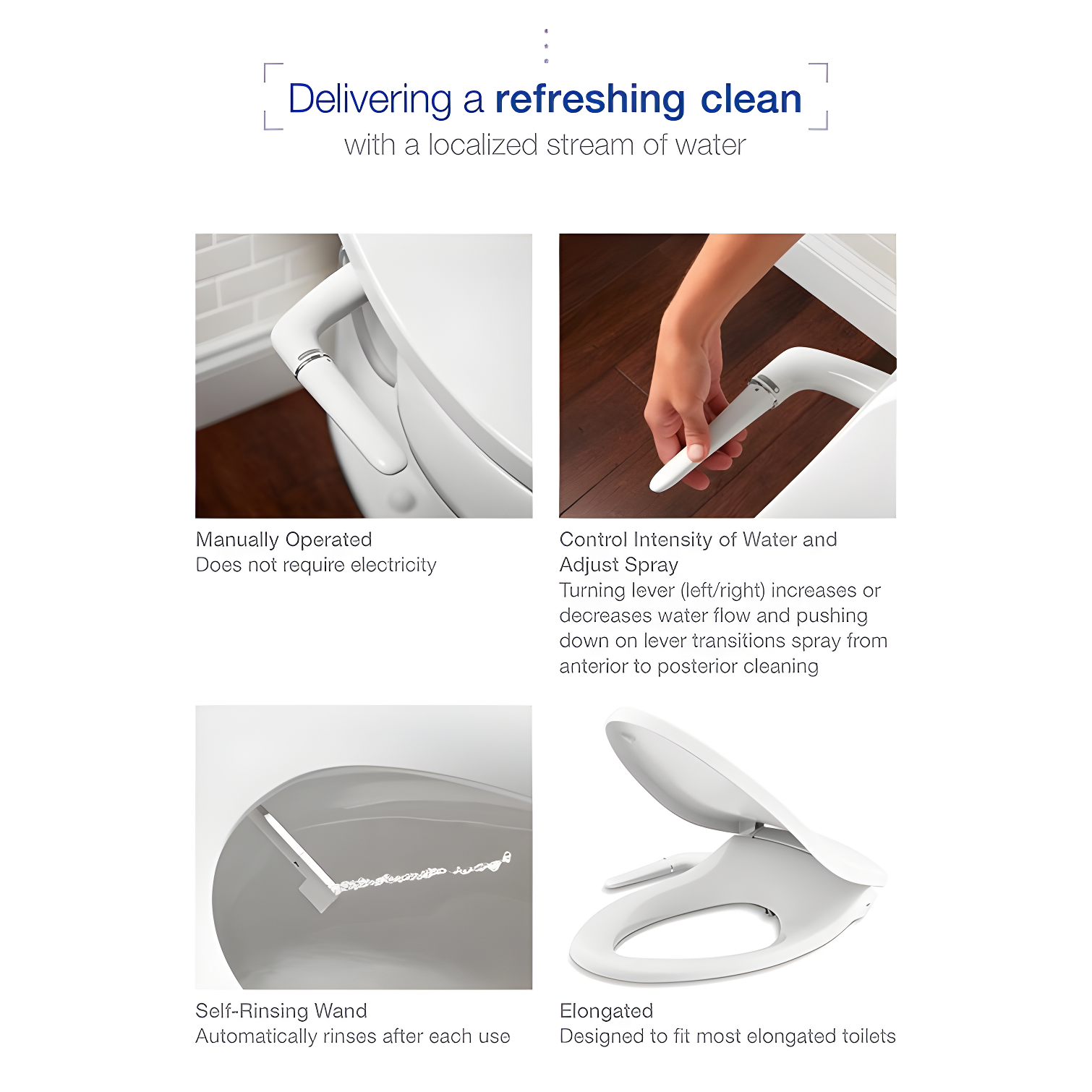 PureWash M250 Elongated Bidet Toliet Seat, Manual Non-Electric Bidets for Existing Toilets