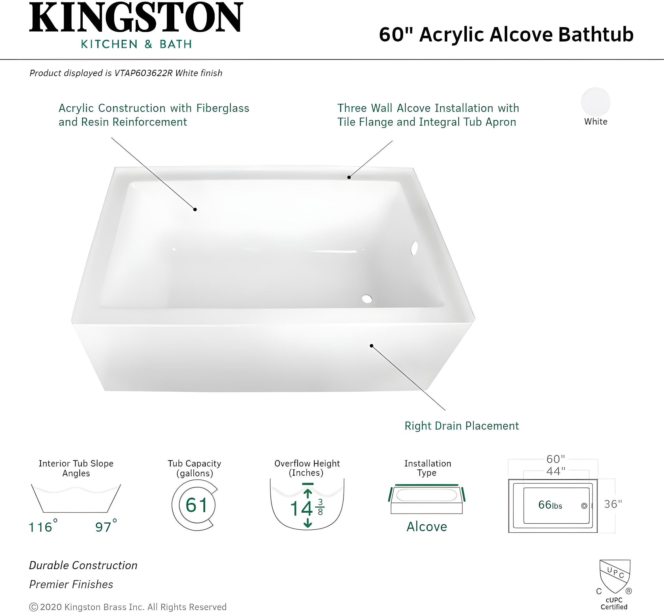 Kingston Brass Aqua Eden 60-Inch Acrylic Rectangular 3-Wall Alcove Tub