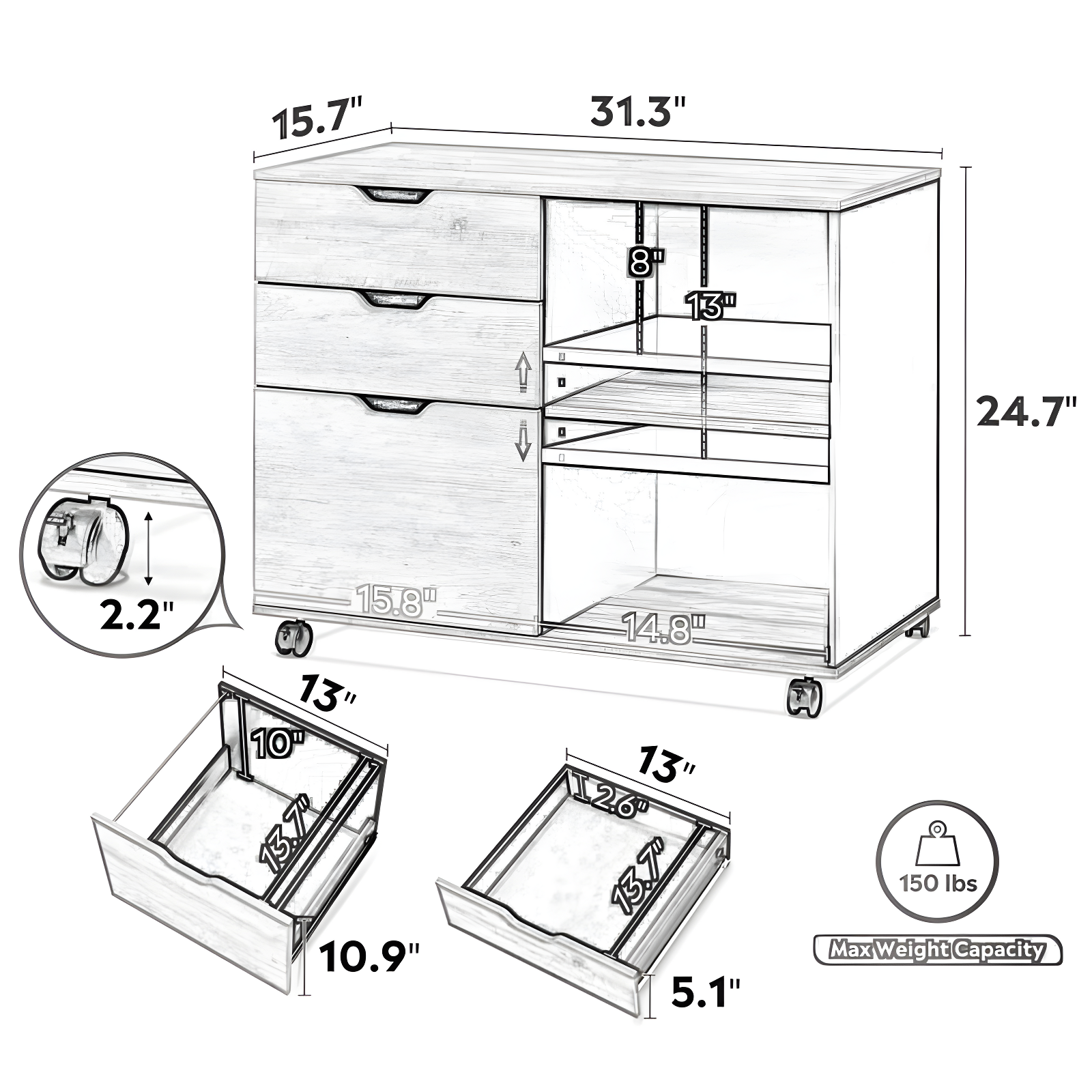 MOHAAB 24.7" H x 31.3" W Printer Stand with Wheels
