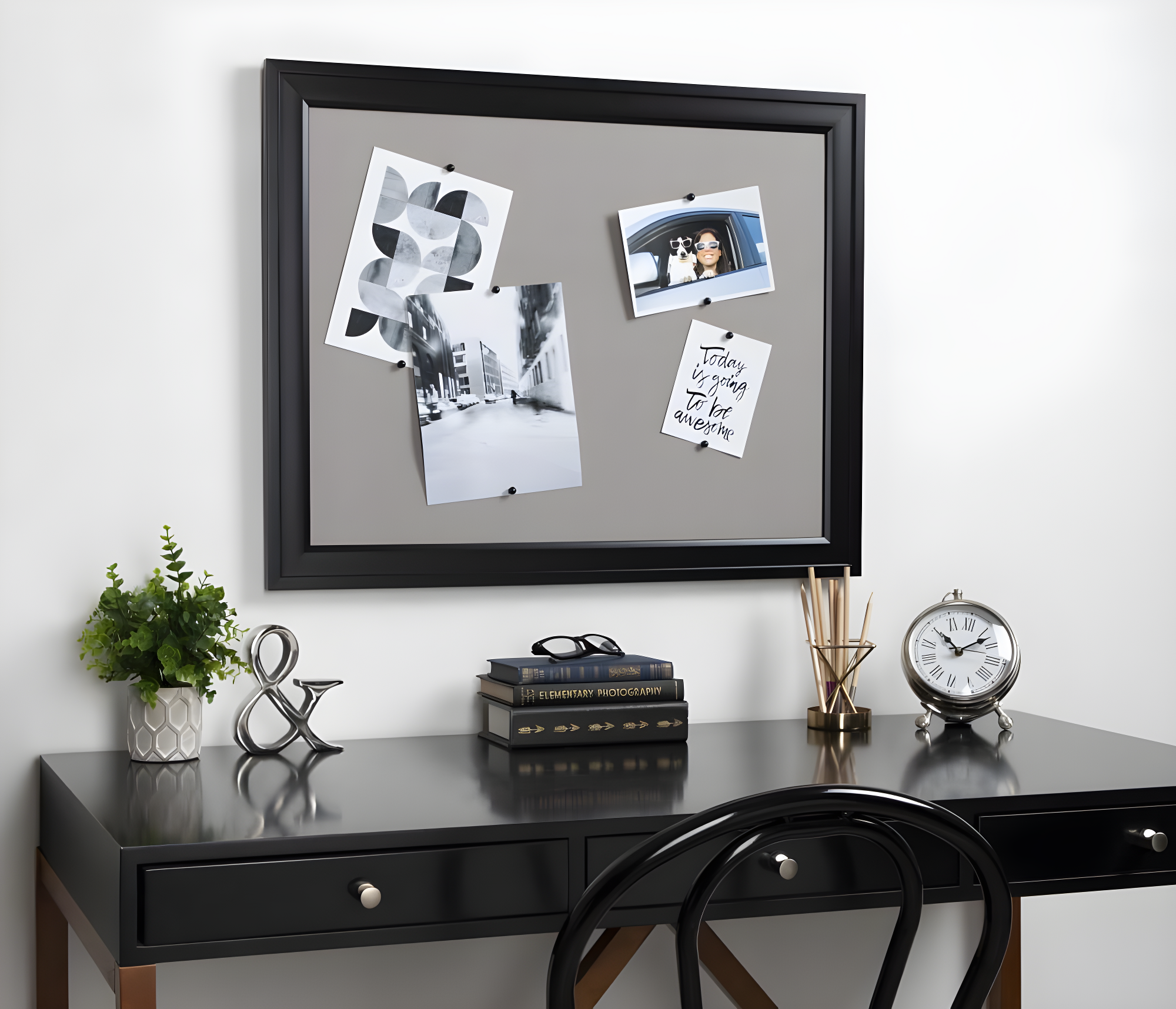 Black Framed Gray Linen Fabric Pinboard, 23.5 x 29.5