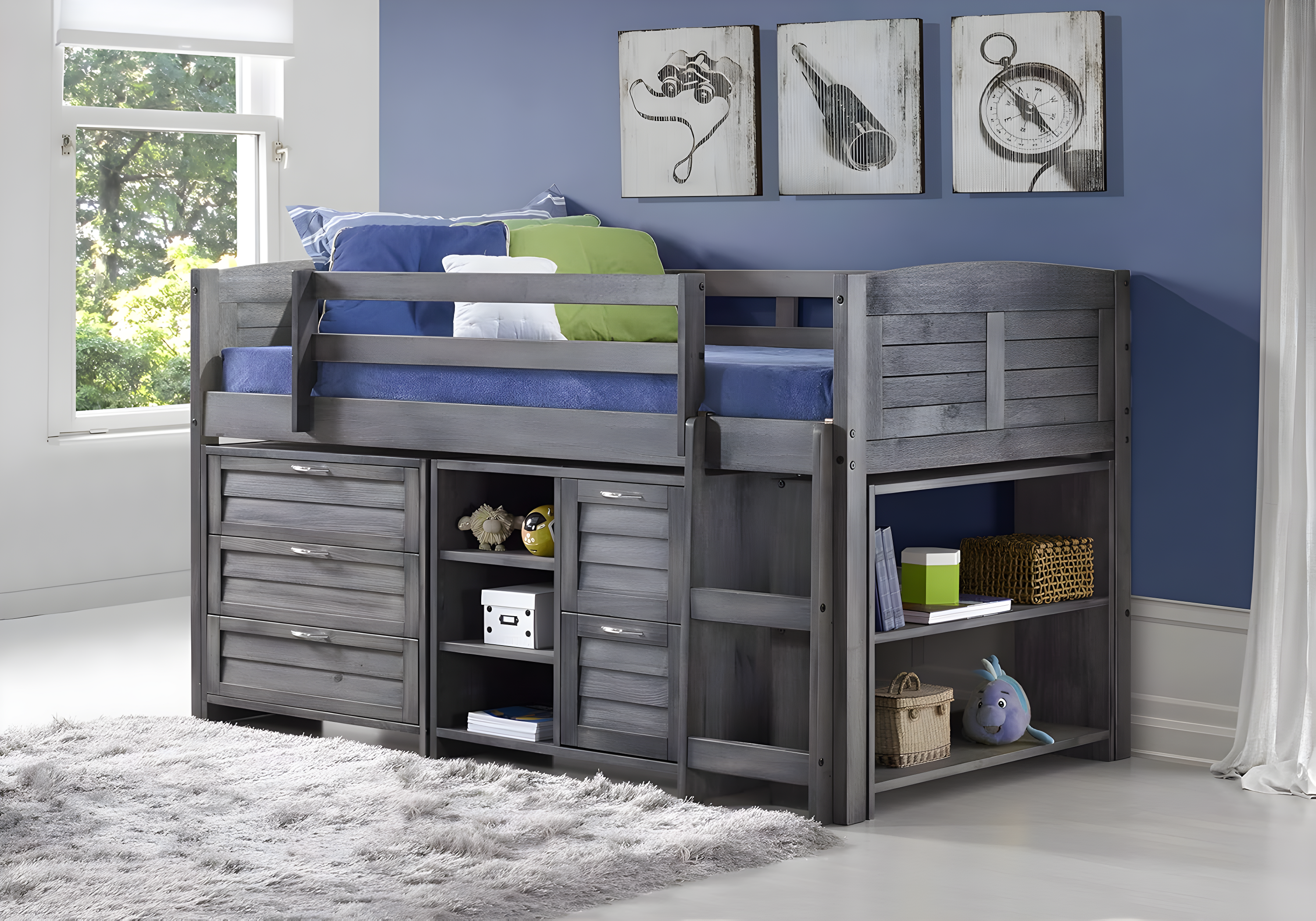 Donco Kids Louver Twin Antique Grey Modular Low Loft Bed - Group A