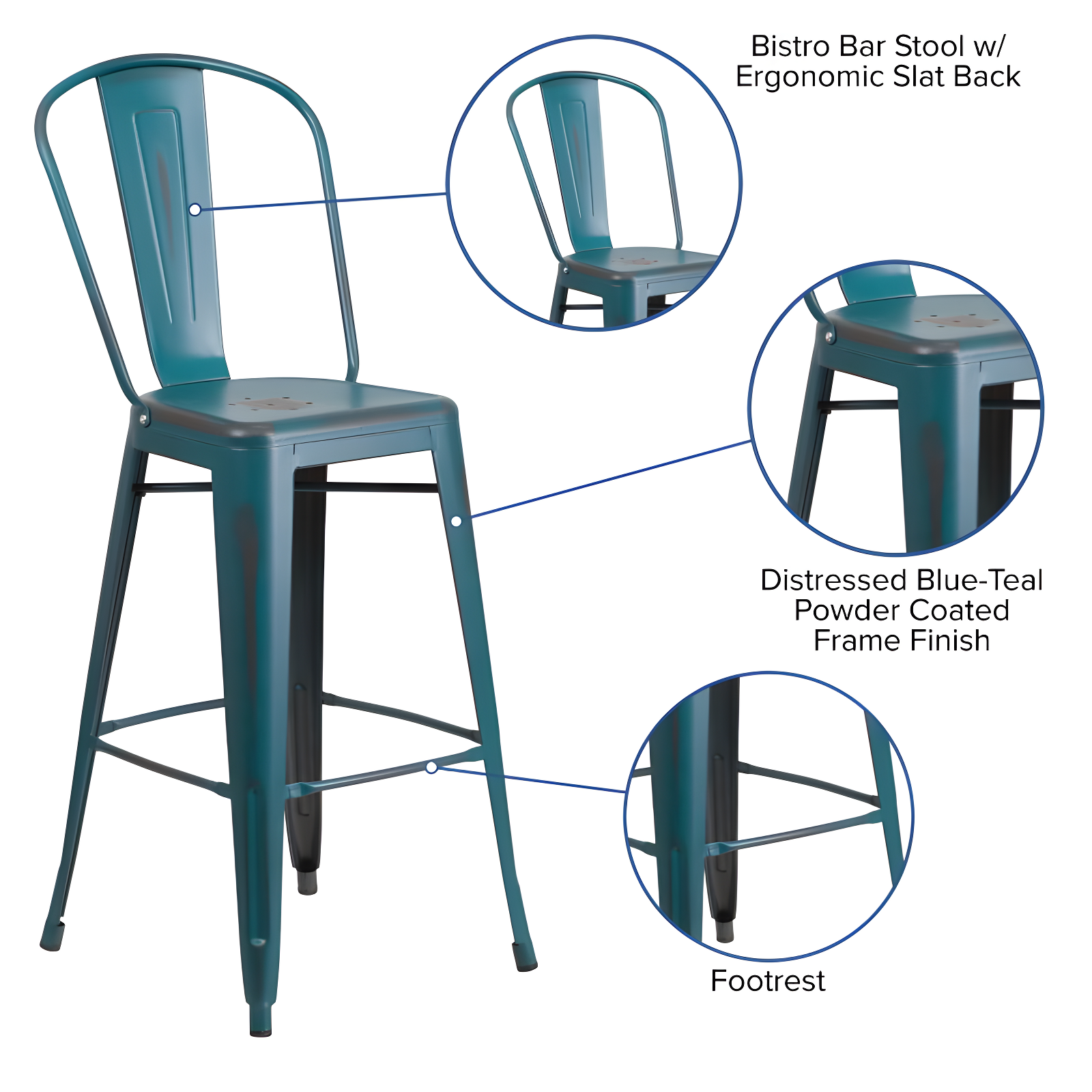 Flash Furniture Commercial Grade 30" High Distressed Kelly Blue-Teal Metal Indoor-Outdoor Barstool with Back