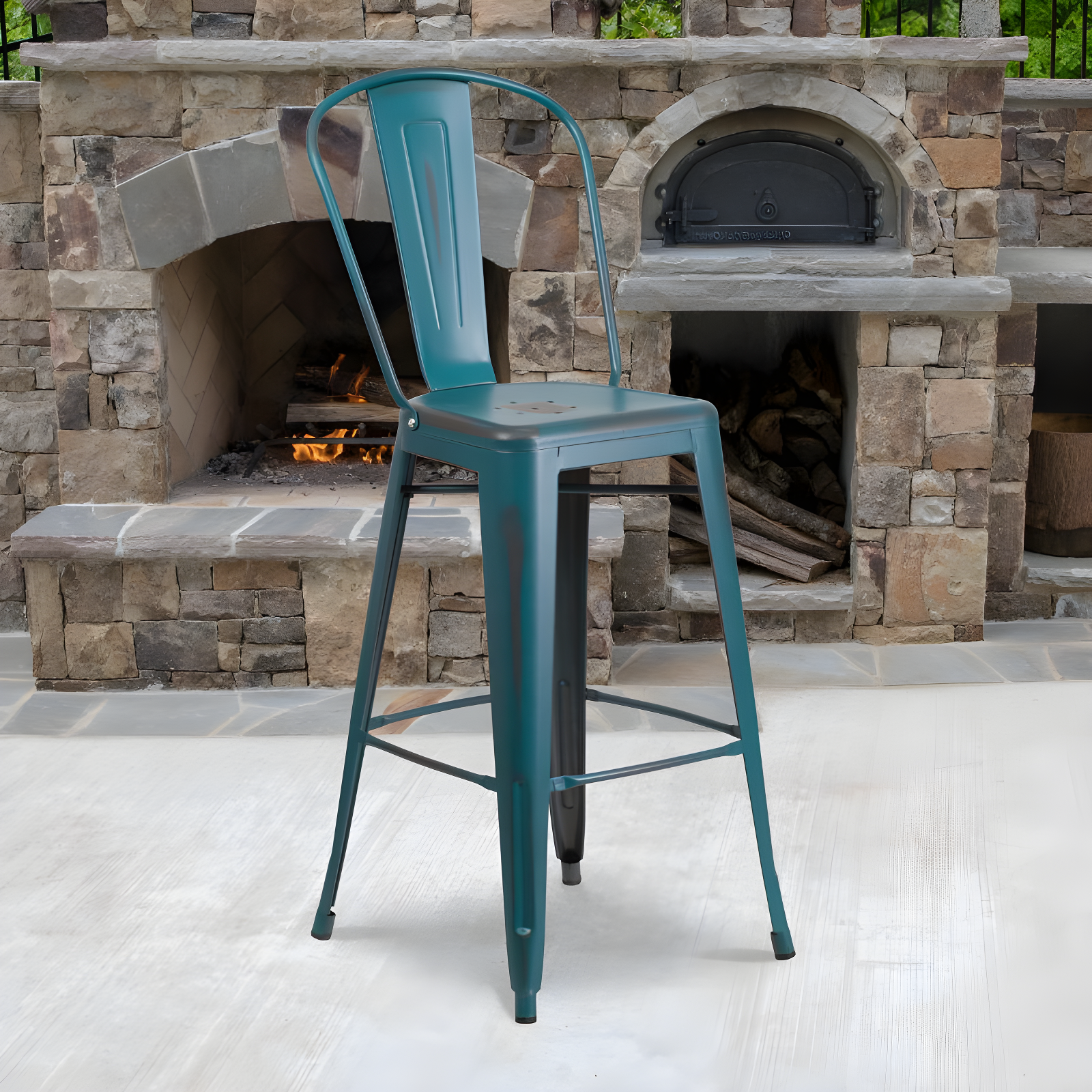Flash Furniture Commercial Grade 30" High Distressed Kelly Blue-Teal Metal Indoor-Outdoor Barstool with Back