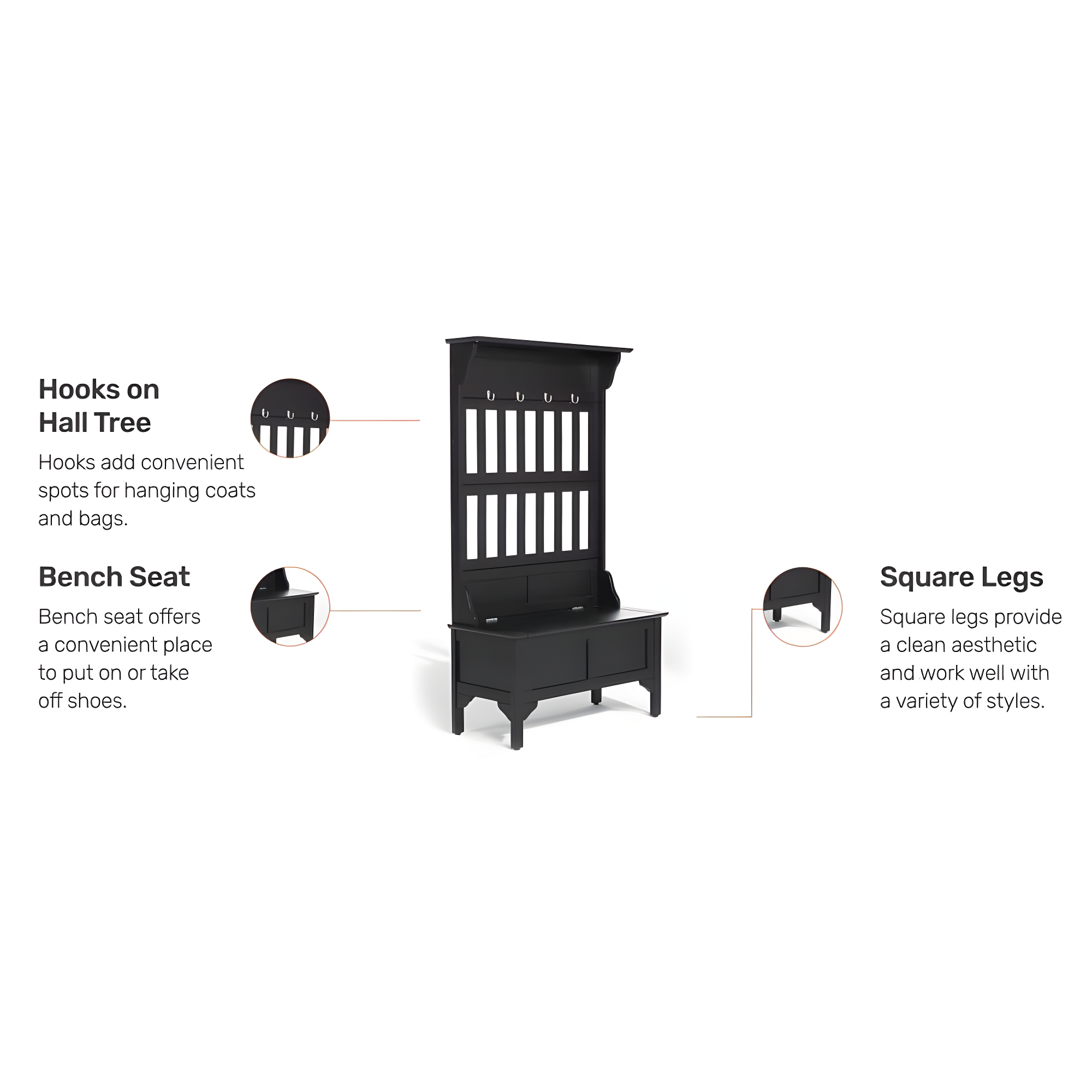 Co-t Solid Hardwood Hall Tree With Storage Bench, Safety Hinge, And Brass Hooks