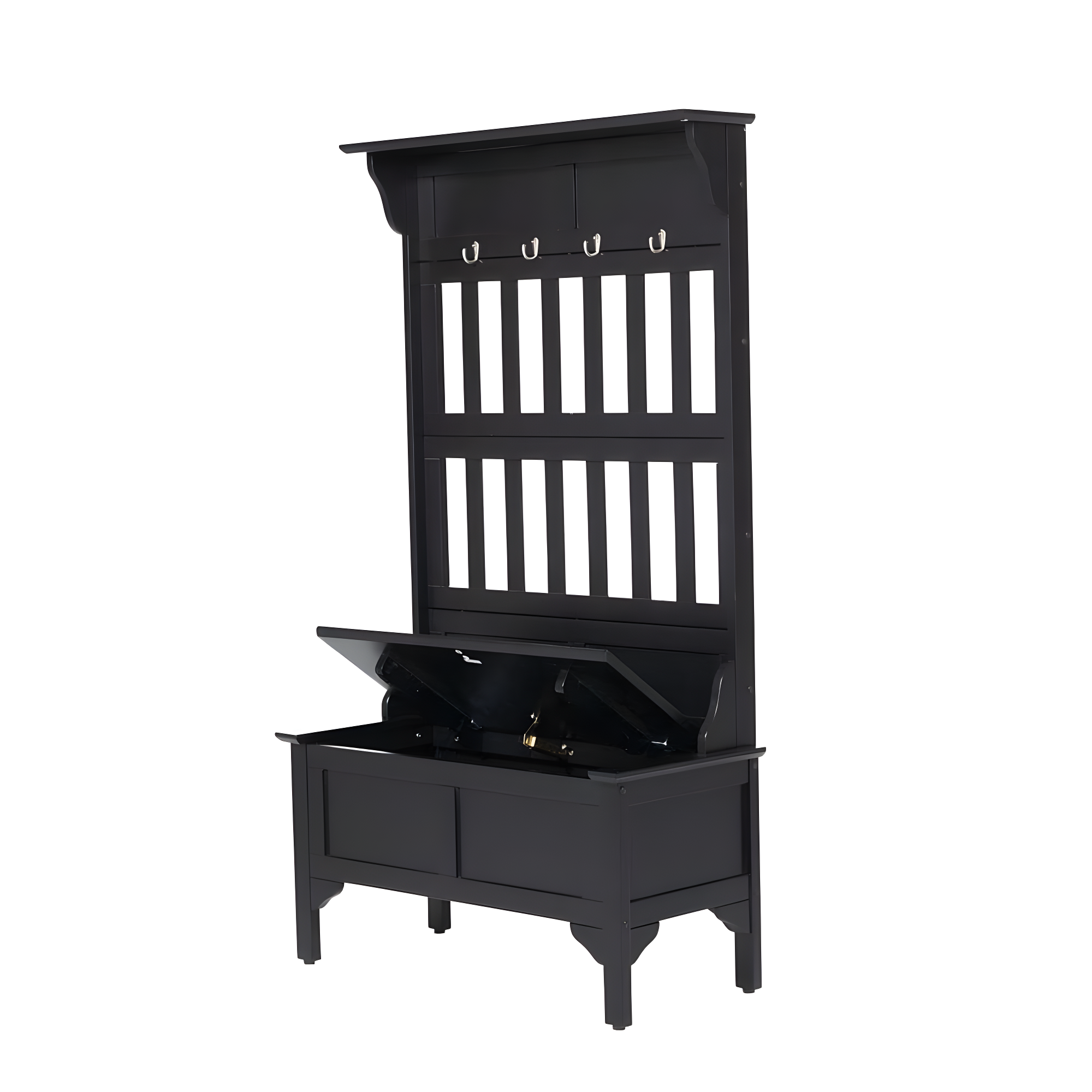 Co-t Solid Hardwood Hall Tree With Storage Bench, Safety Hinge, And Brass Hooks